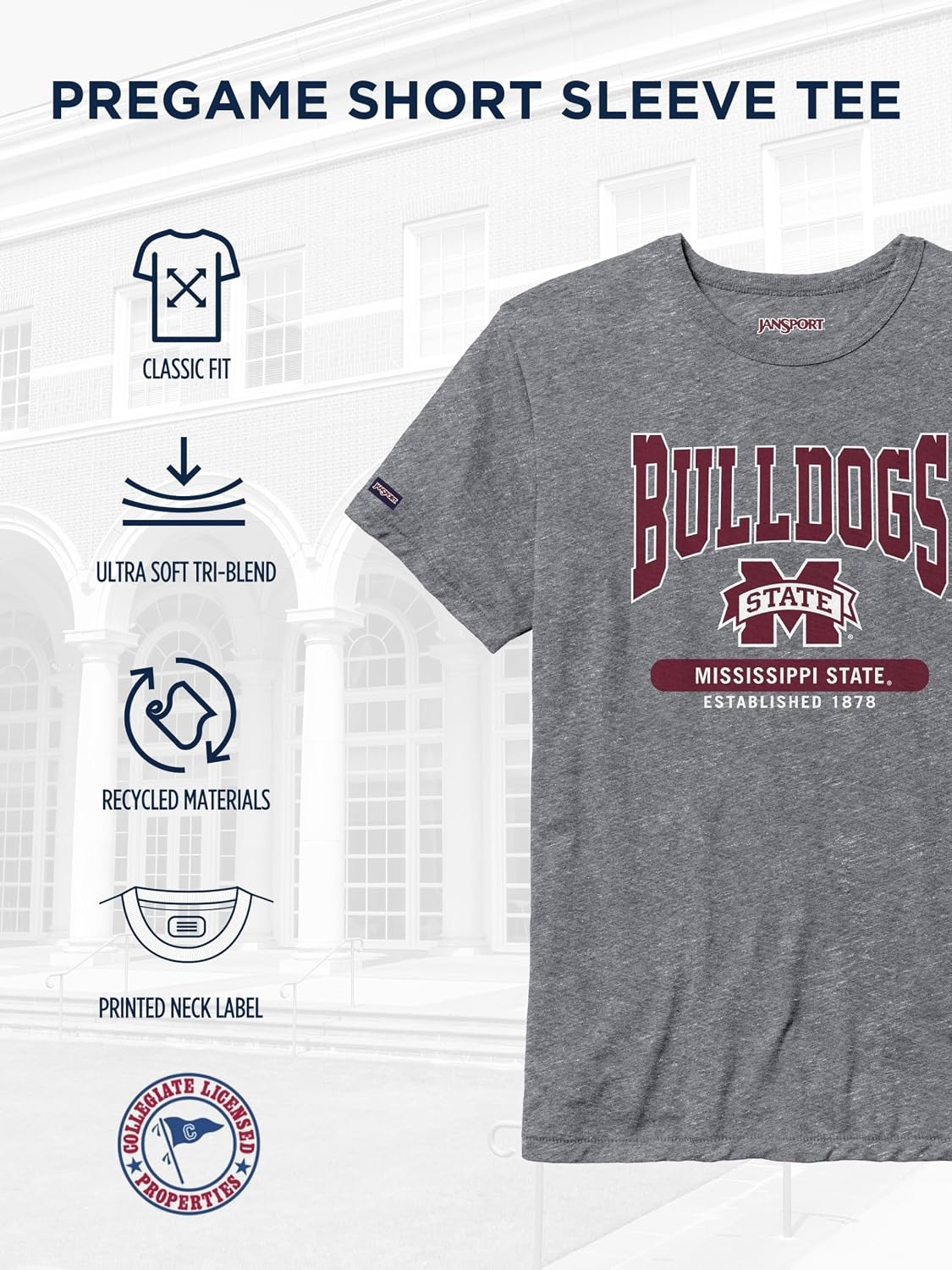 image:imageJanSport NCAA Officially Licensed Pregame Short Sleeve T Shirt for Men Soft amp Breathable Triblend Crewneck T ShirtMississippi State Bulldogs