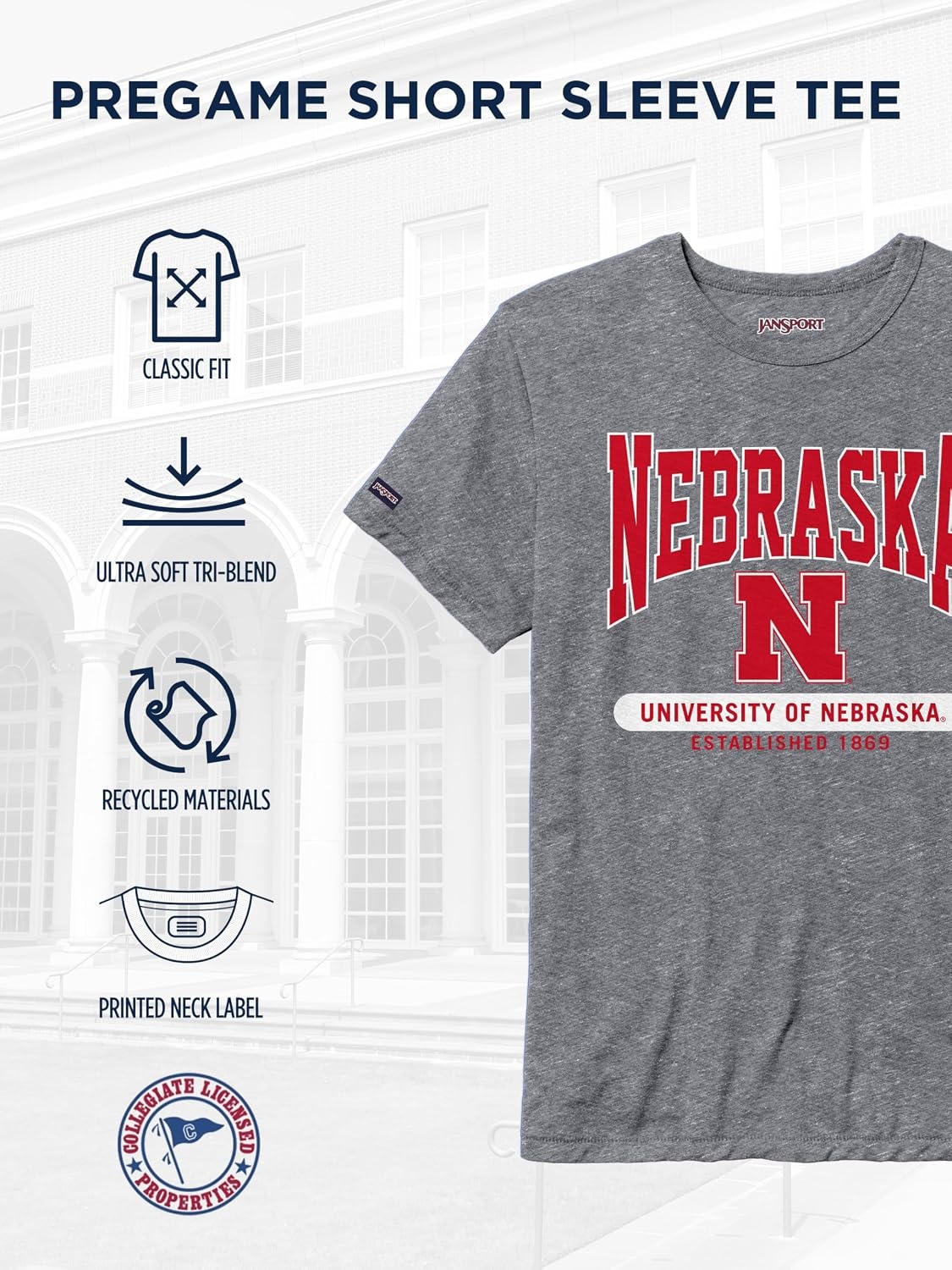 image:imageJanSport NCAA Officially Licensed Pregame Short Sleeve T Shirt for Men Soft amp Breathable Triblend Crewneck T ShirtNebraska Cornhuskers