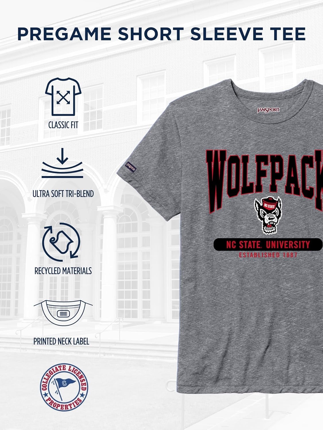 image:imageJanSport NCAA Officially Licensed Pregame Short Sleeve T Shirt for Men Soft amp Breathable Triblend Crewneck T ShirtNorth Carolina State Wolfpack