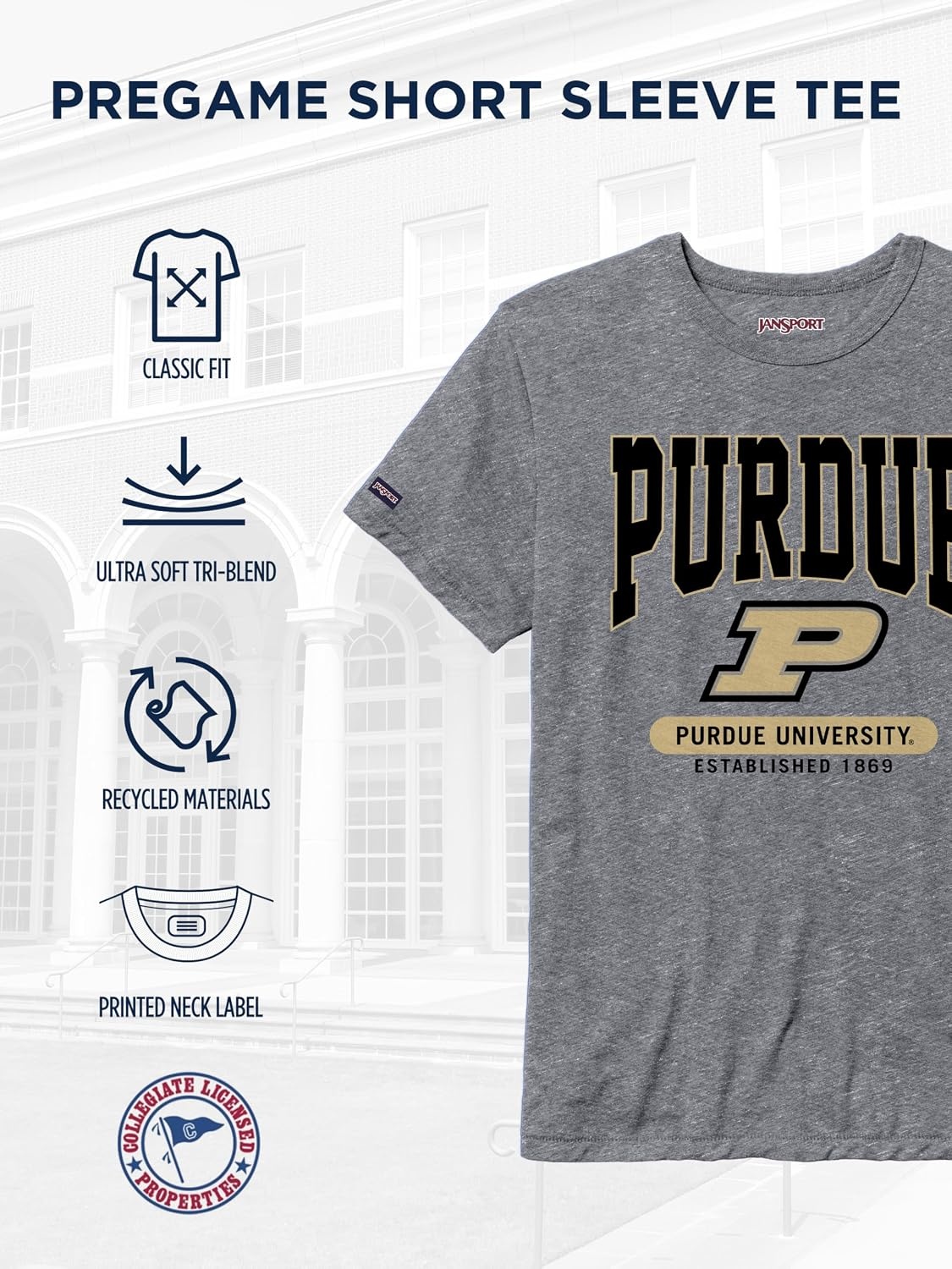 image:imageJanSport NCAA Officially Licensed Pregame Short Sleeve T Shirt for Men Soft amp Breathable Triblend Crewneck T ShirtPurdue Boilermakers