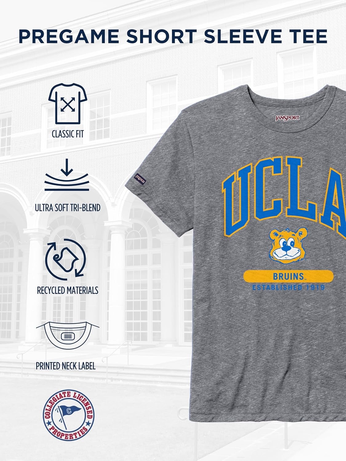 image:imageJanSport NCAA Officially Licensed Pregame Short Sleeve T Shirt for Men Soft amp Breathable Triblend Crewneck T ShirtUCLA Bruins