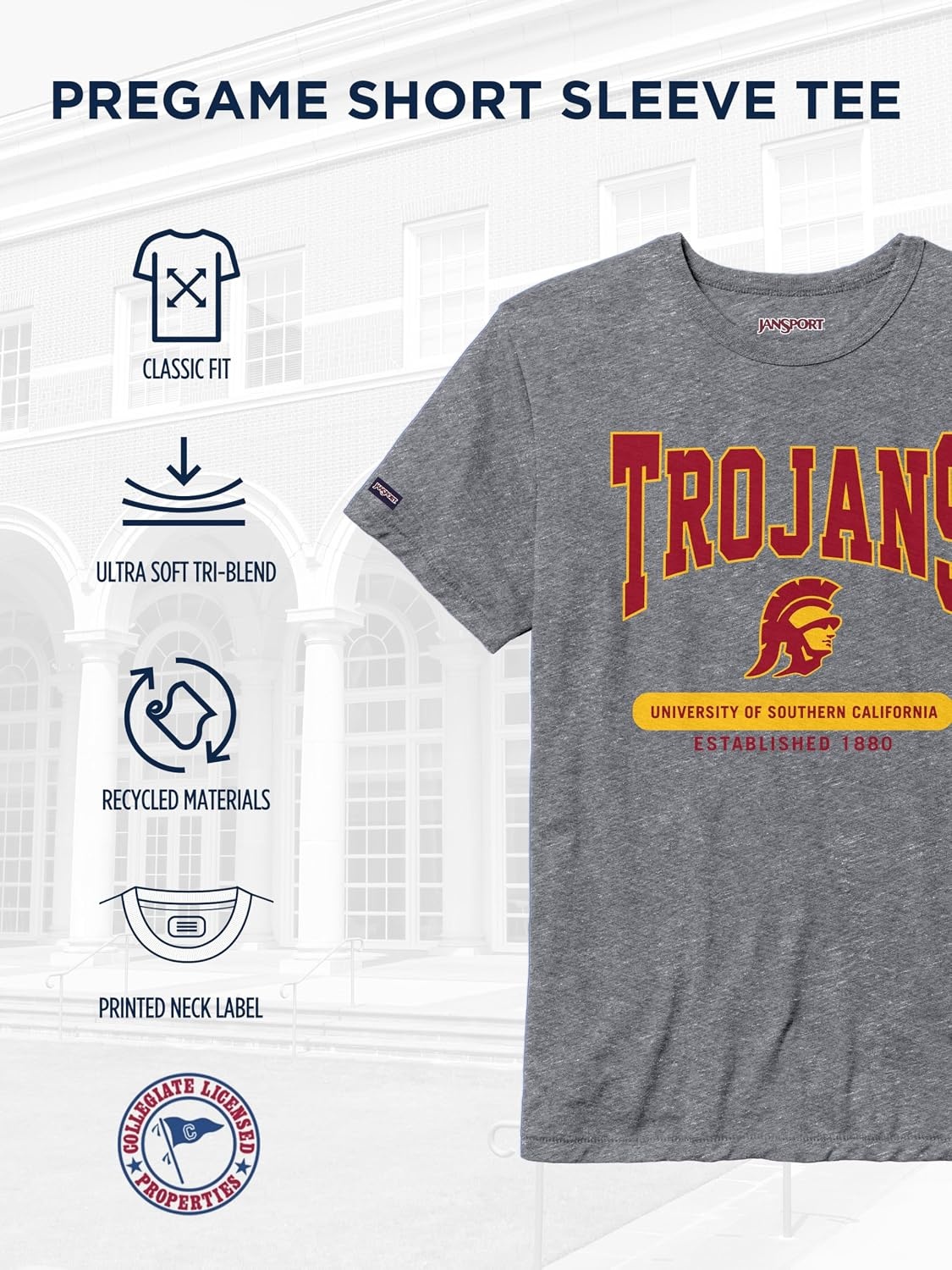 image:imageJanSport NCAA Officially Licensed Pregame Short Sleeve T Shirt for Men Soft amp Breathable Triblend Crewneck T ShirtUSC Trojans