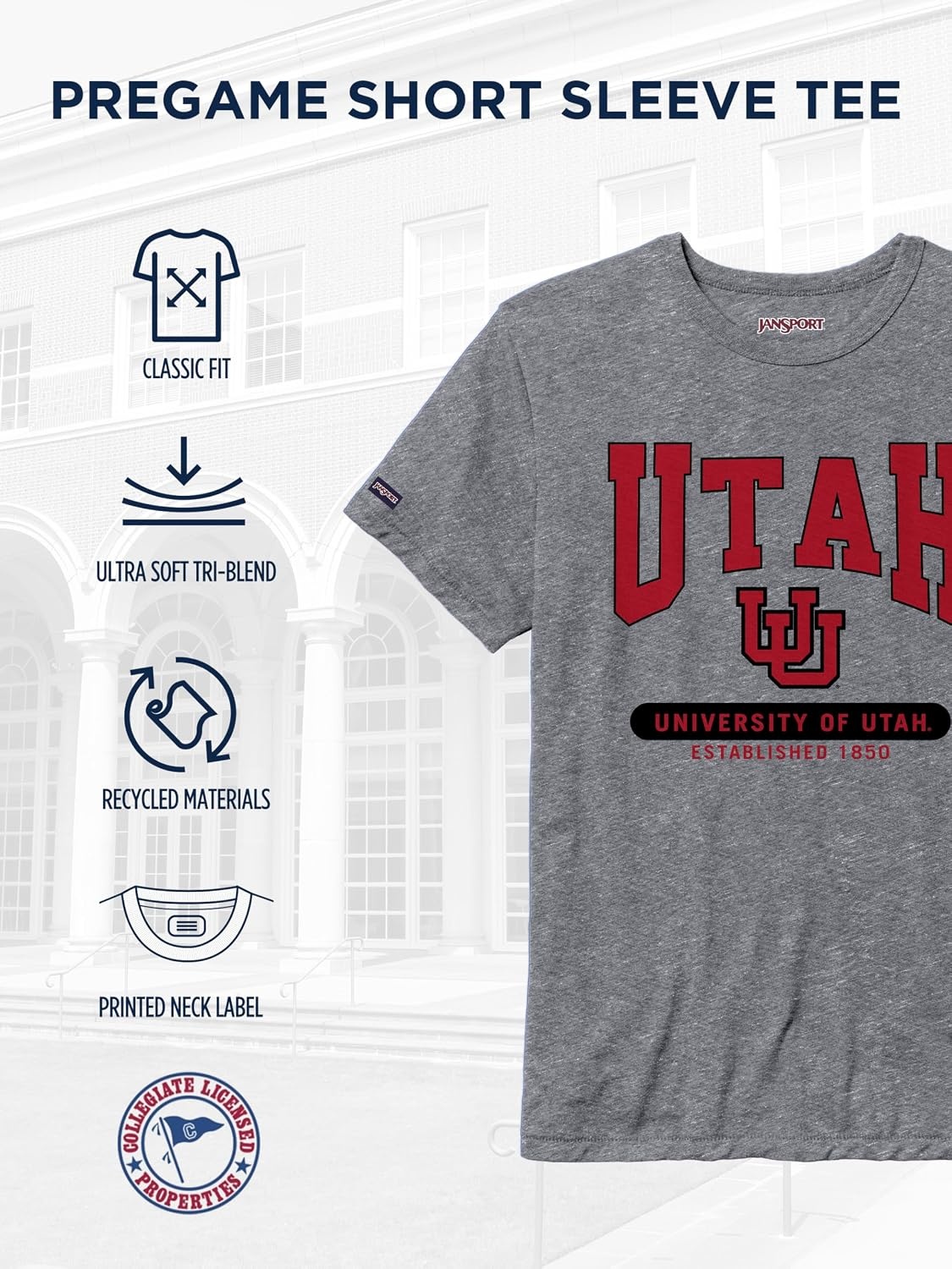image:imageJanSport NCAA Officially Licensed Pregame Short Sleeve T Shirt for Men Soft amp Breathable Triblend Crewneck T ShirtUtah Utes