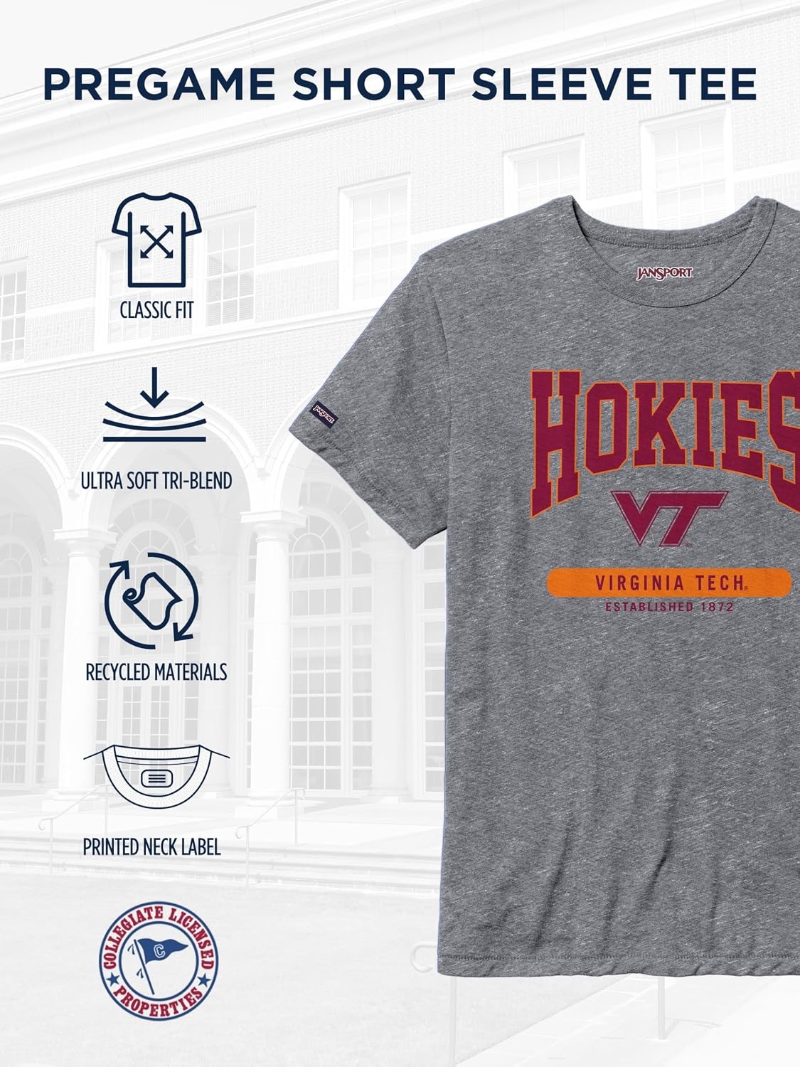 image:imageJanSport NCAA Officially Licensed Pregame Short Sleeve T Shirt for Men Soft amp Breathable Triblend Crewneck T ShirtVirginia Tech Hokies