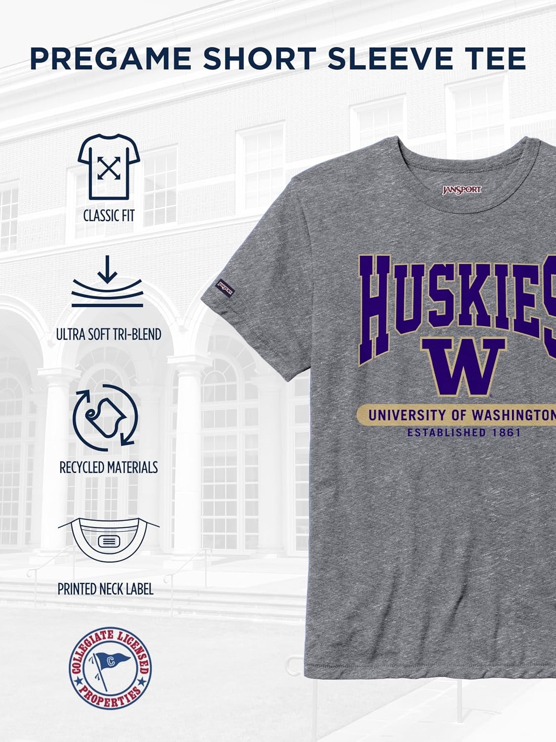 image:imageJanSport NCAA Officially Licensed Pregame Short Sleeve T Shirt for Men Soft amp Breathable Triblend Crewneck T ShirtWashington Huskies