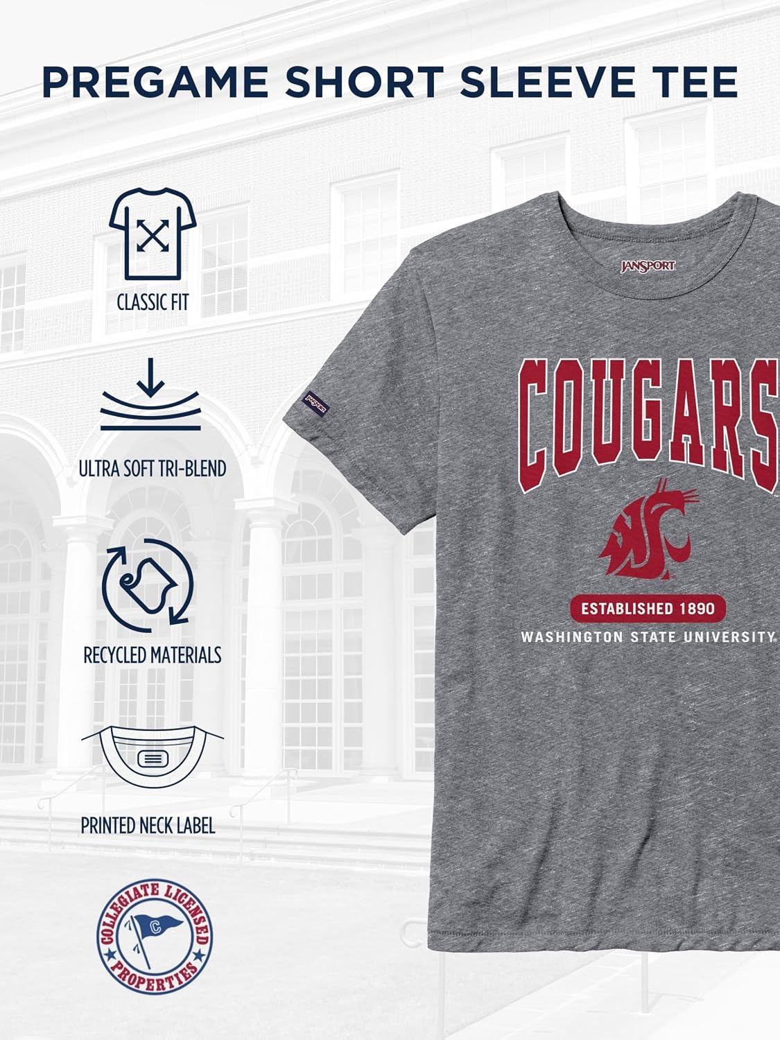 image:imageJanSport NCAA Officially Licensed Pregame Short Sleeve T Shirt for Men Soft amp Breathable Triblend Crewneck T ShirtWashington State Cougars