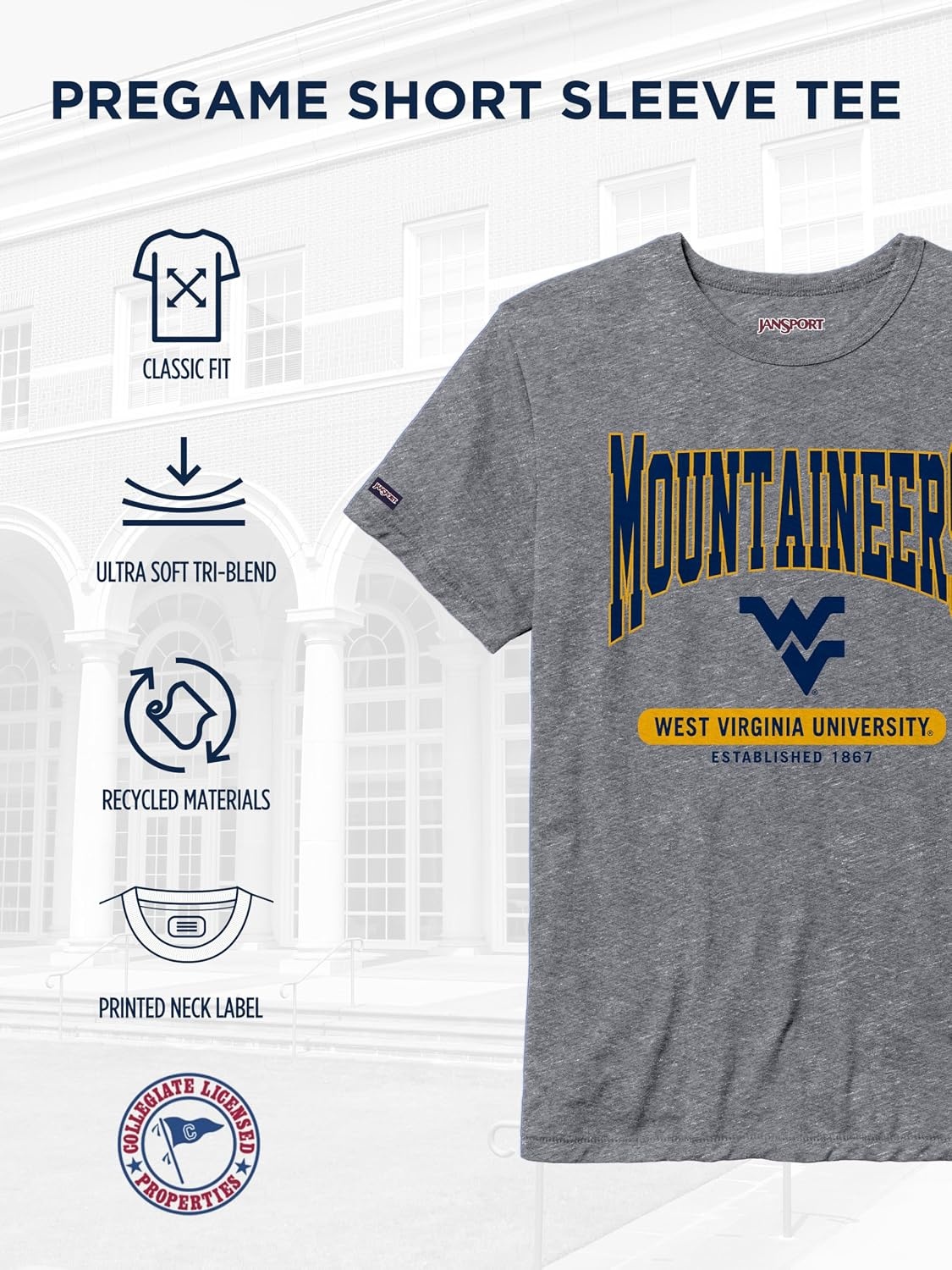 image:imageJanSport NCAA Officially Licensed Pregame Short Sleeve T Shirt for Men Soft amp Breathable Triblend Crewneck T ShirtWest Virginia Mountaineers