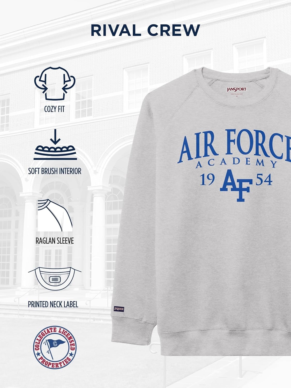 image:imageJanSport NCAA Officially Licensed Rival Crew Sweatshirt Long Sleeve Graphic Pullover for Men Women CottonPolyester BlendAir Force Falcons