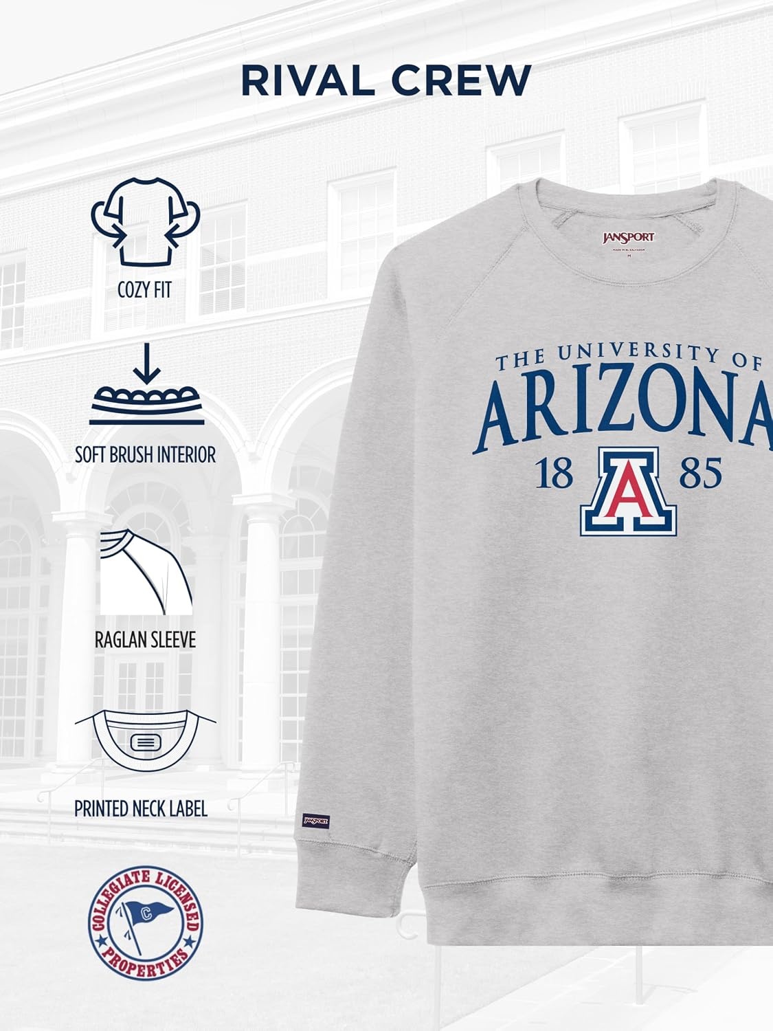 image:imageJanSport NCAA Officially Licensed Rival Crew Sweatshirt Long Sleeve Graphic Pullover for Men Women CottonPolyester BlendArizona Wildcats
