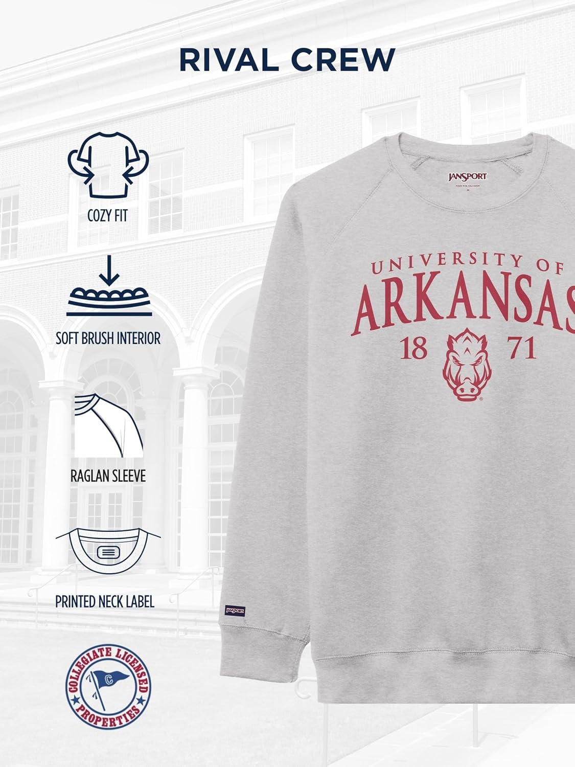 image:imageJanSport NCAA Officially Licensed Rival Crew Sweatshirt Long Sleeve Graphic Pullover for Men Women CottonPolyester BlendArkansas Razorbacks