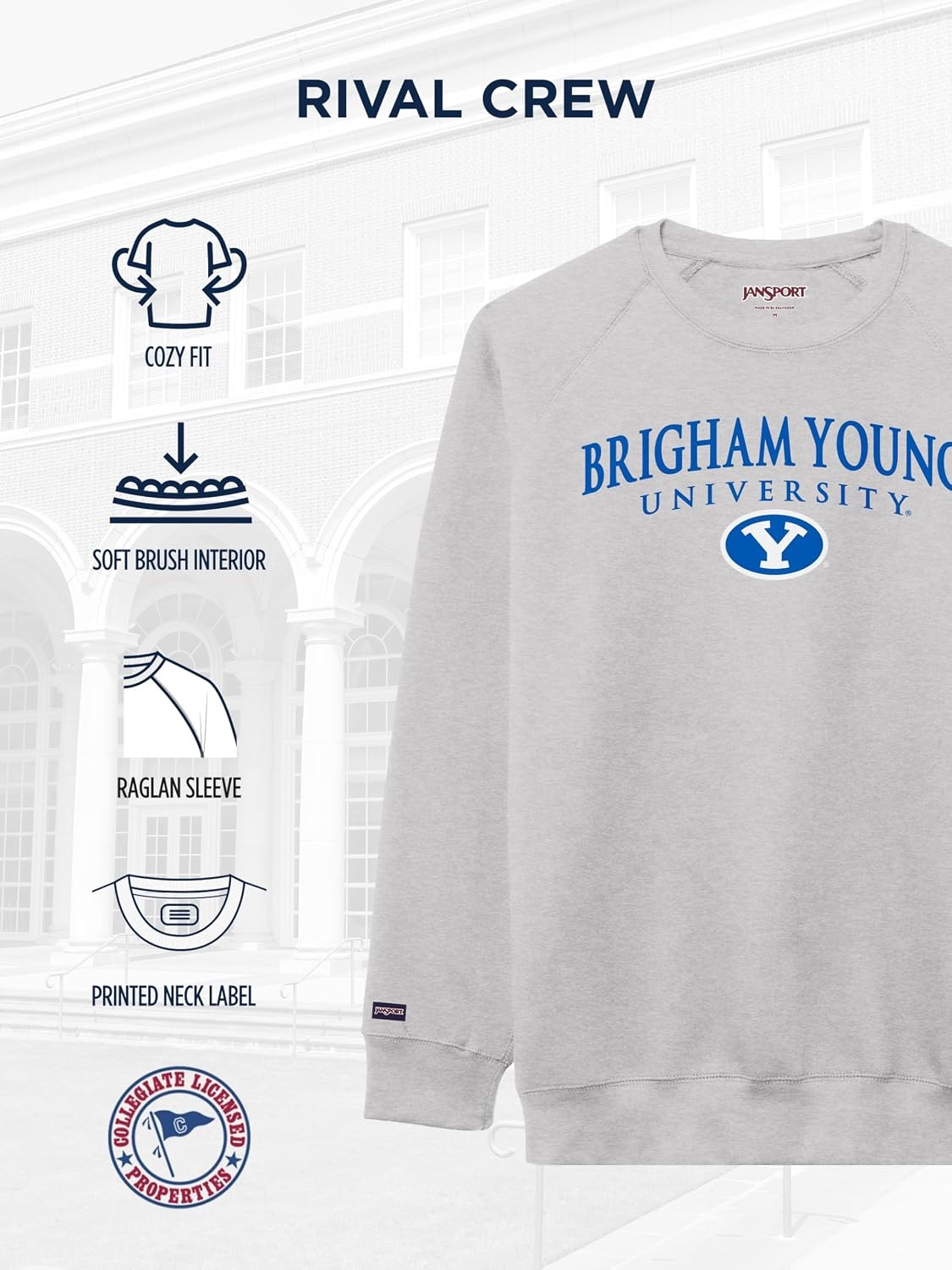 image:imageJanSport NCAA Officially Licensed Rival Crew Sweatshirt Long Sleeve Graphic Pullover for Men Women CottonPolyester BlendBYU Cougars