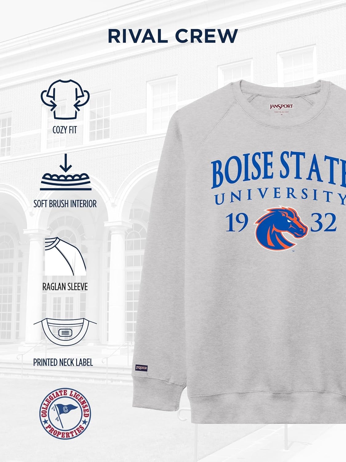 image:imageJanSport NCAA Officially Licensed Rival Crew Sweatshirt Long Sleeve Graphic Pullover for Men Women CottonPolyester BlendBoise State Broncos