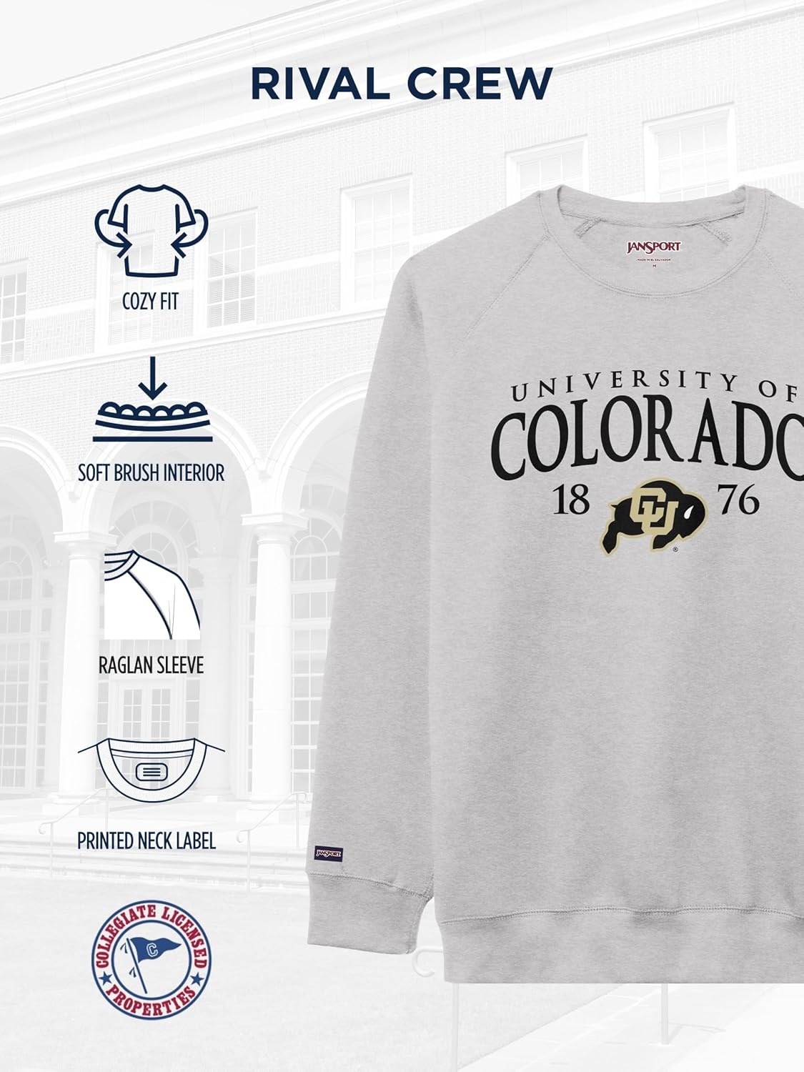 image:imageJanSport NCAA Officially Licensed Rival Crew Sweatshirt Long Sleeve Graphic Pullover for Men Women CottonPolyester BlendColorado Buffaloes
