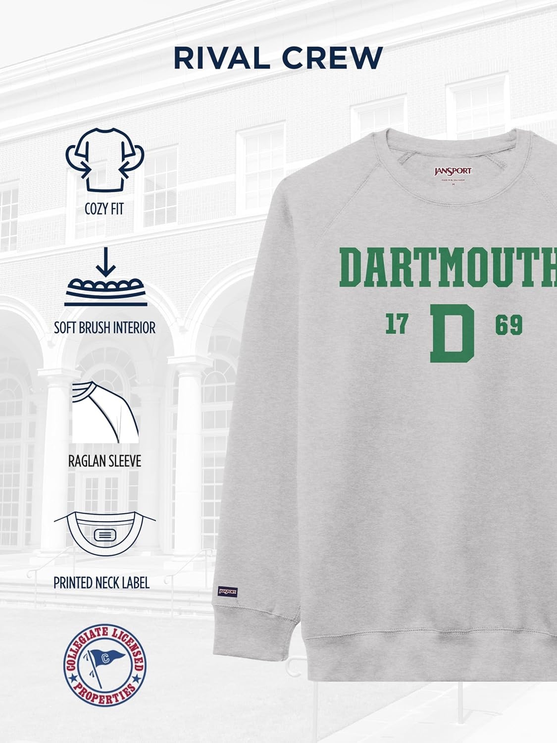 image:imageJanSport NCAA Officially Licensed Rival Crew Sweatshirt Long Sleeve Graphic Pullover for Men Women CottonPolyester BlendDartmouth Big Green
