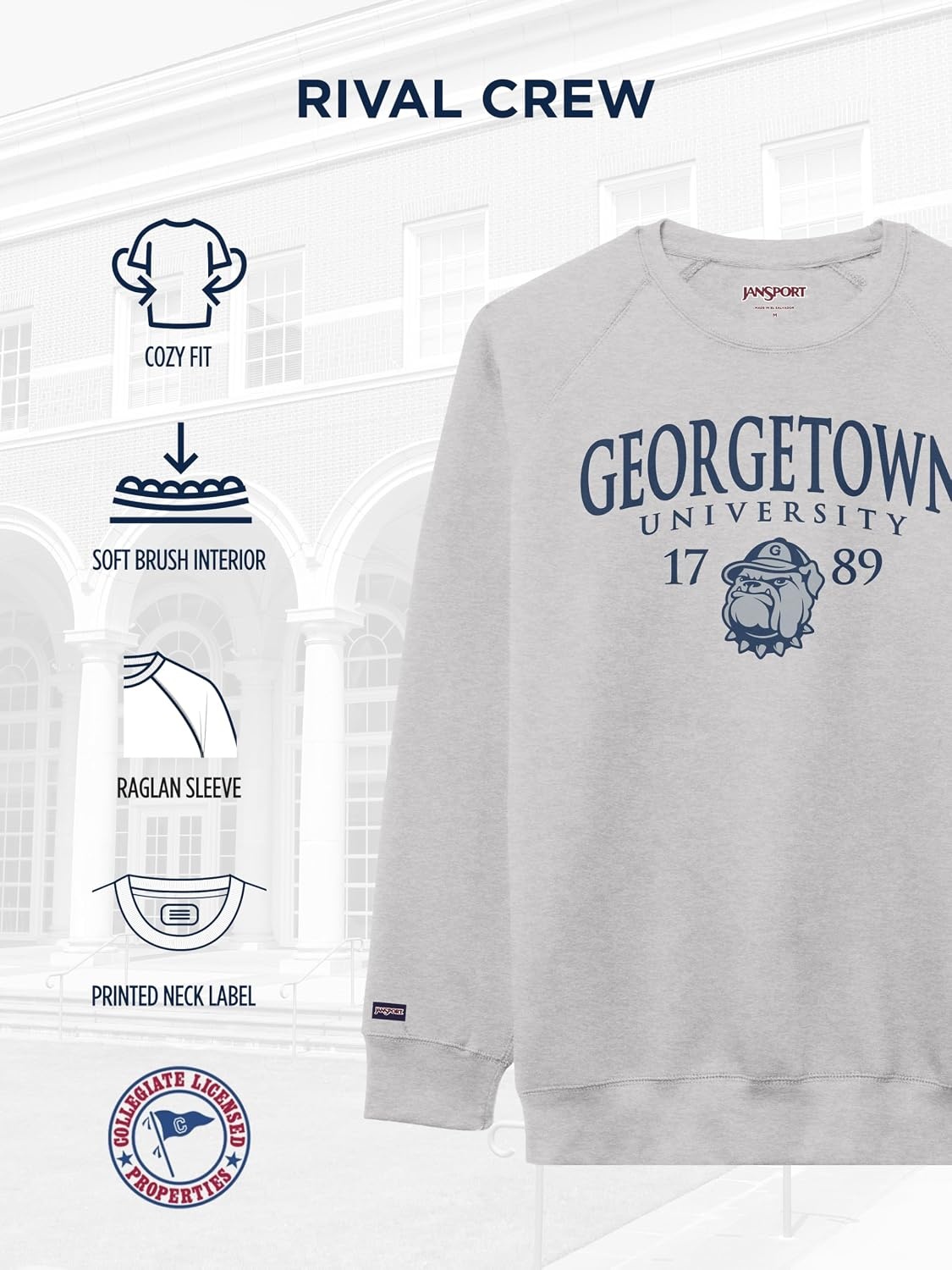 image:imageJanSport NCAA Officially Licensed Rival Crew Sweatshirt Long Sleeve Graphic Pullover for Men Women CottonPolyester BlendGeorgetown Hoyas