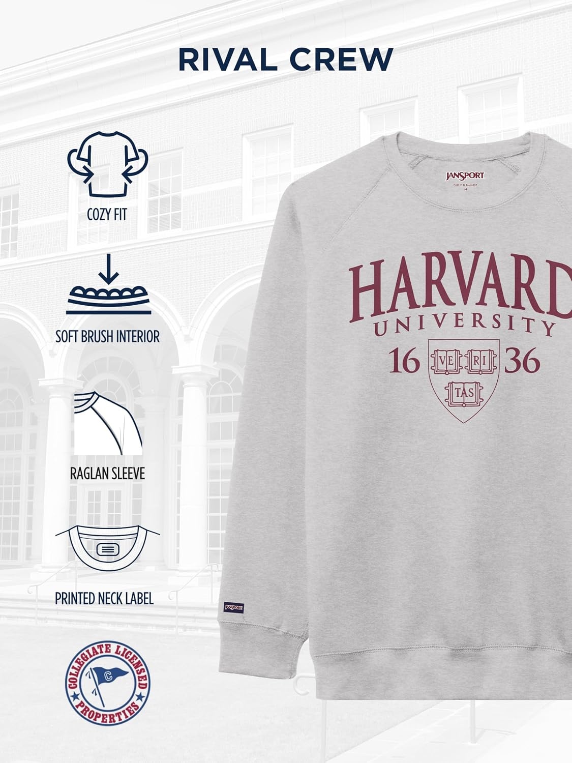image:imageJanSport NCAA Officially Licensed Rival Crew Sweatshirt Long Sleeve Graphic Pullover for Men Women CottonPolyester BlendHarvard Crimson