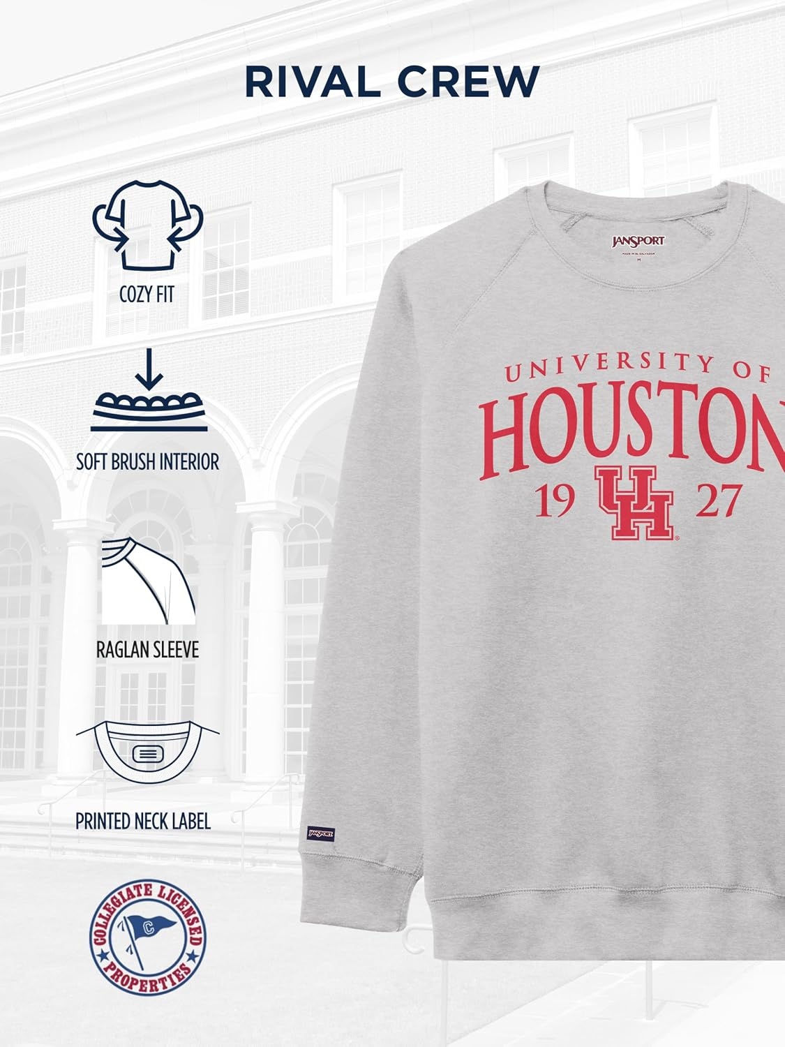 image:imageJanSport NCAA Officially Licensed Rival Crew Sweatshirt Long Sleeve Graphic Pullover for Men Women CottonPolyester BlendHouston Cougars