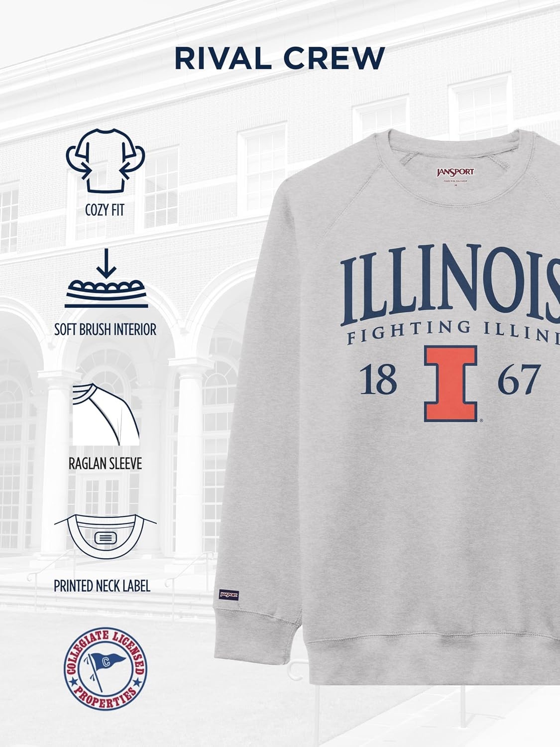 image:imageJanSport NCAA Officially Licensed Rival Crew Sweatshirt Long Sleeve Graphic Pullover for Men Women CottonPolyester BlendIllinois Illini