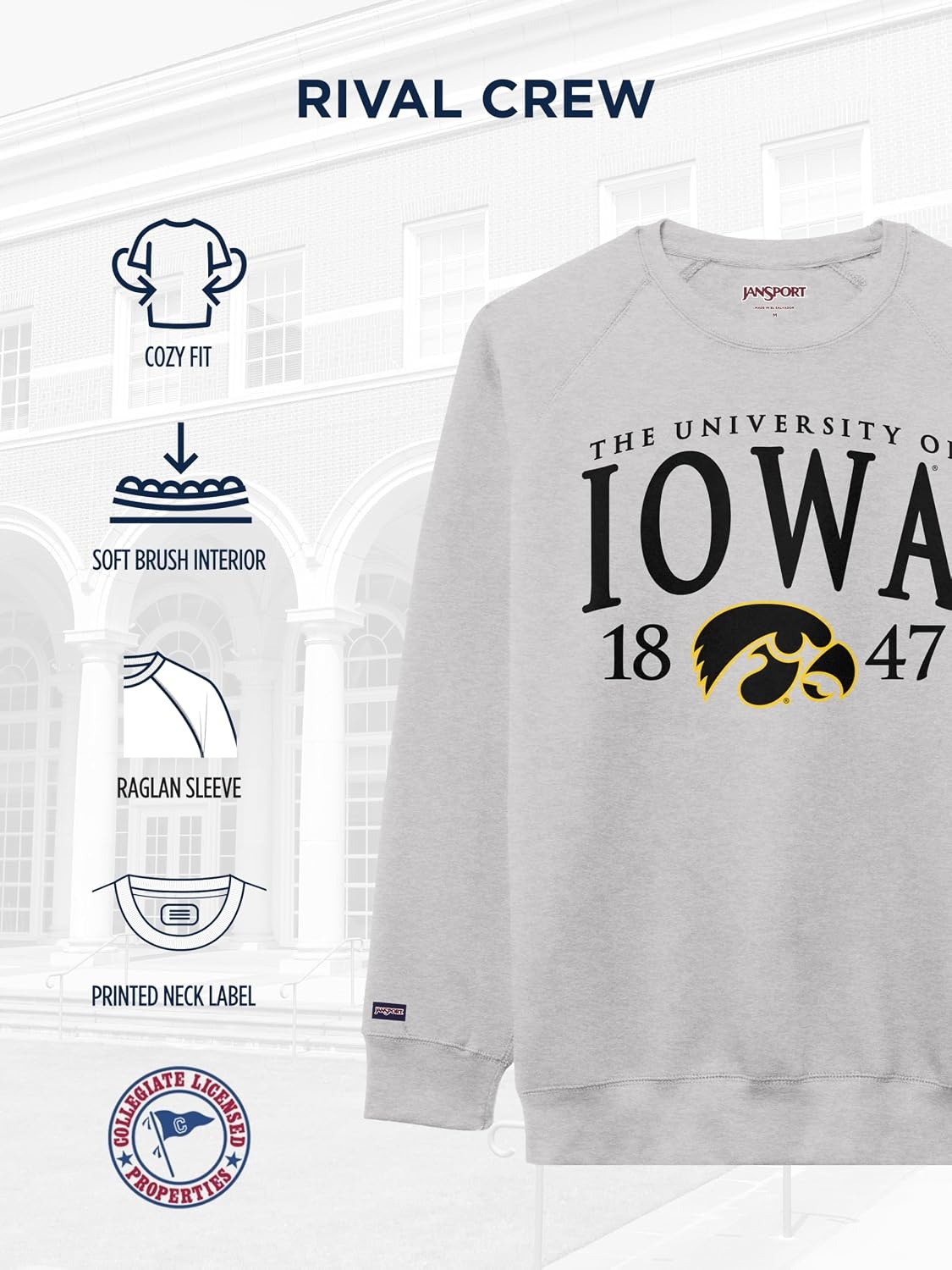 image:imageJanSport NCAA Officially Licensed Rival Crew Sweatshirt Long Sleeve Graphic Pullover for Men Women CottonPolyester BlendIowa Hawkeyes