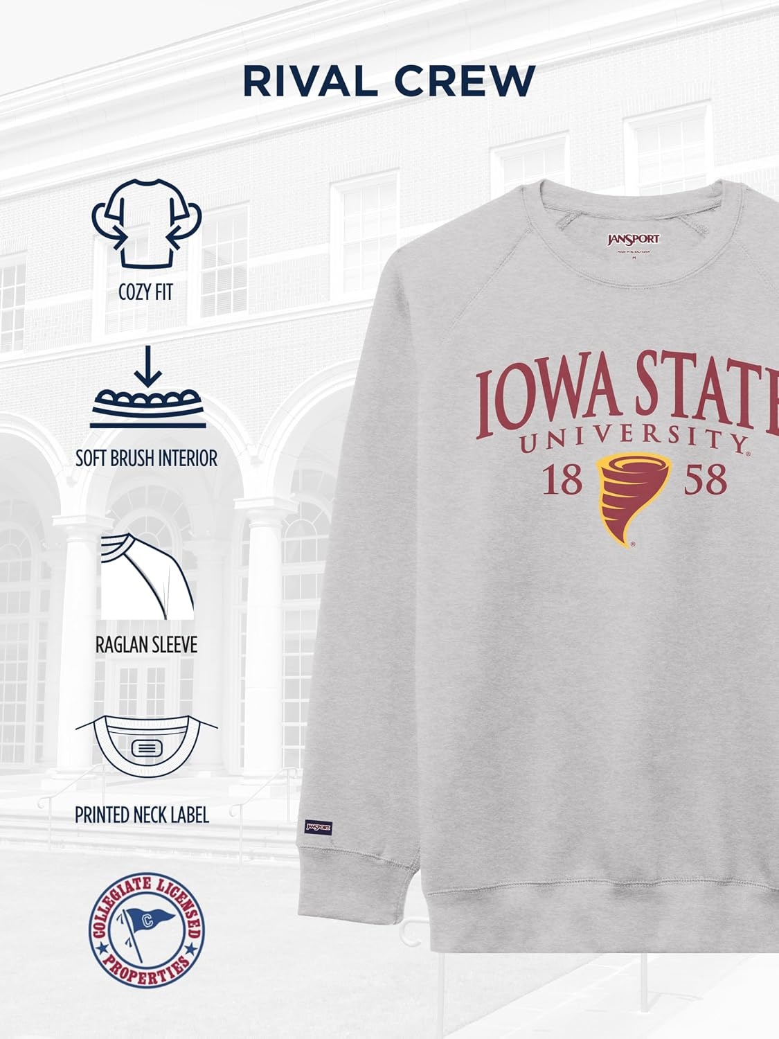 image:imageJanSport NCAA Officially Licensed Rival Crew Sweatshirt Long Sleeve Graphic Pullover for Men Women CottonPolyester BlendIowa State Cyclones