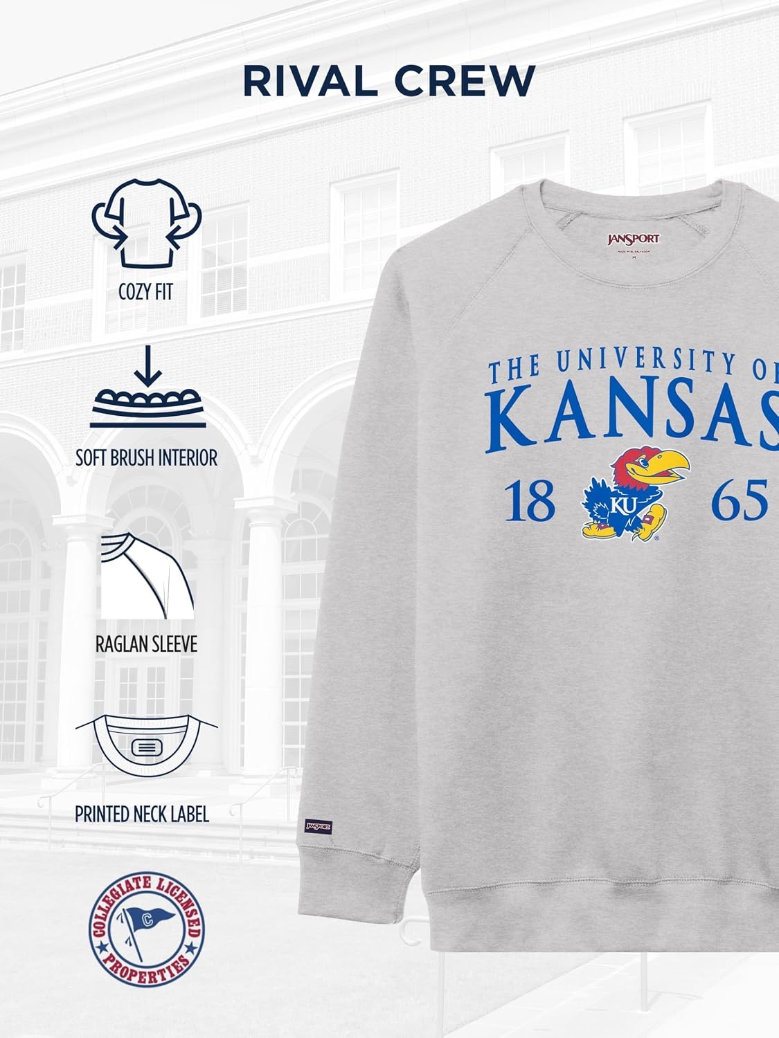 image:imageJanSport NCAA Officially Licensed Rival Crew Sweatshirt Long Sleeve Graphic Pullover for Men Women CottonPolyester BlendKansas Jayhawks
