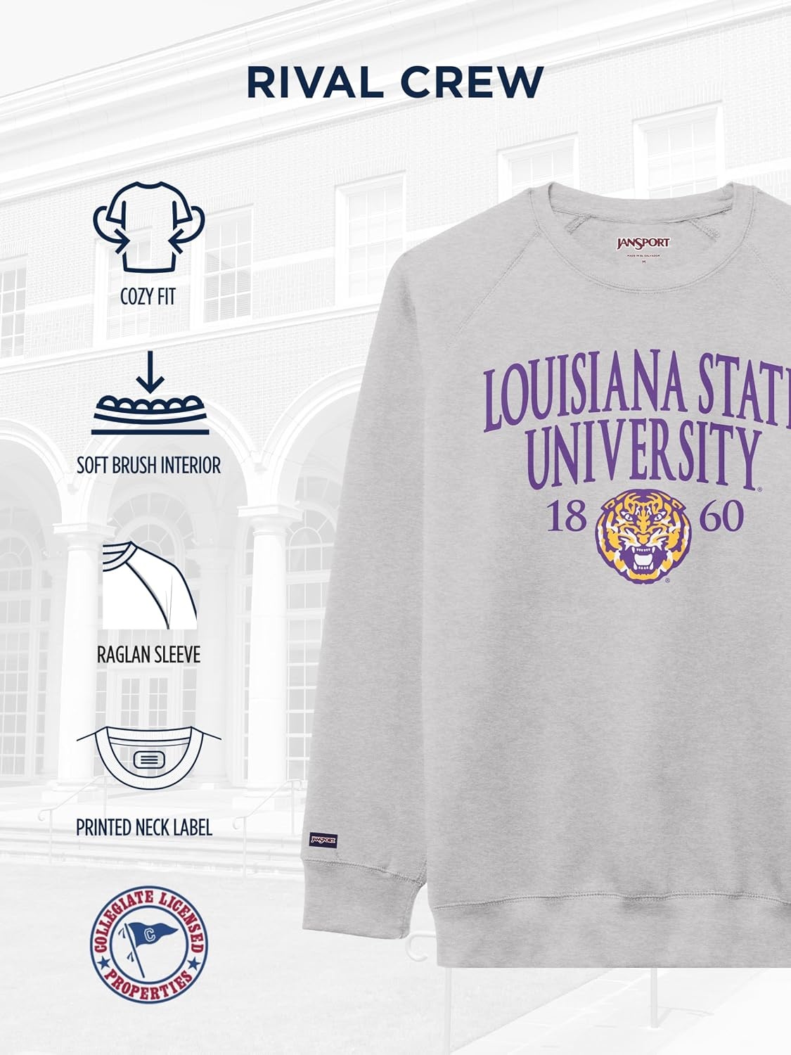 image:imageJanSport NCAA Officially Licensed Rival Crew Sweatshirt Long Sleeve Graphic Pullover for Men Women CottonPolyester BlendLSU Tigers