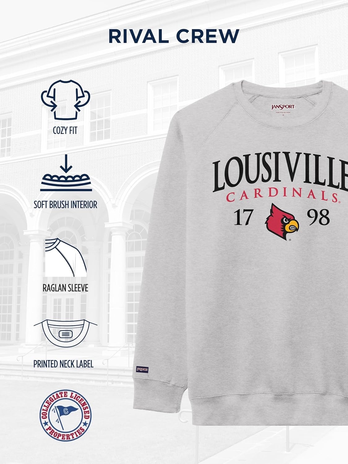 image:imageJanSport NCAA Officially Licensed Rival Crew Sweatshirt Long Sleeve Graphic Pullover for Men Women CottonPolyester BlendLouisville Cardinals