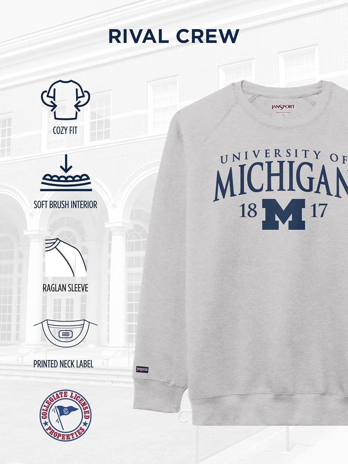 image:imageJanSport NCAA Officially Licensed Rival Crew Sweatshirt Long Sleeve Graphic Pullover for Men Women CottonPolyester BlendMichigan Wolverines