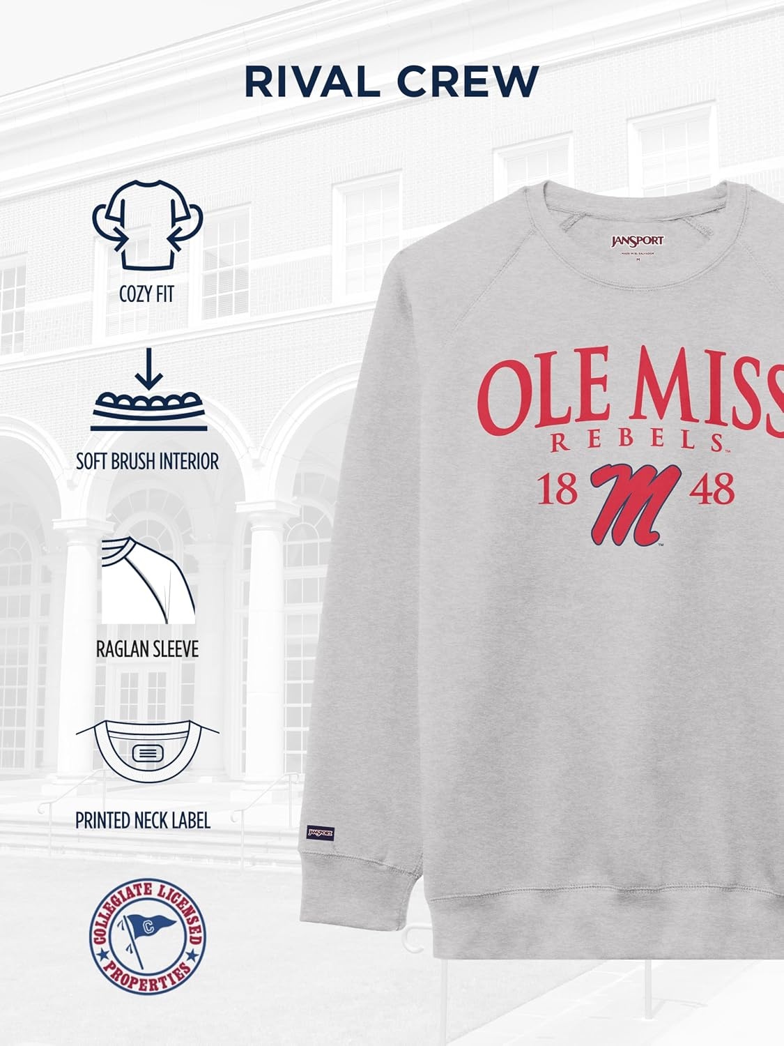 image:imageJanSport NCAA Officially Licensed Rival Crew Sweatshirt Long Sleeve Graphic Pullover for Men Women CottonPolyester BlendMississippi Old Miss Rebels