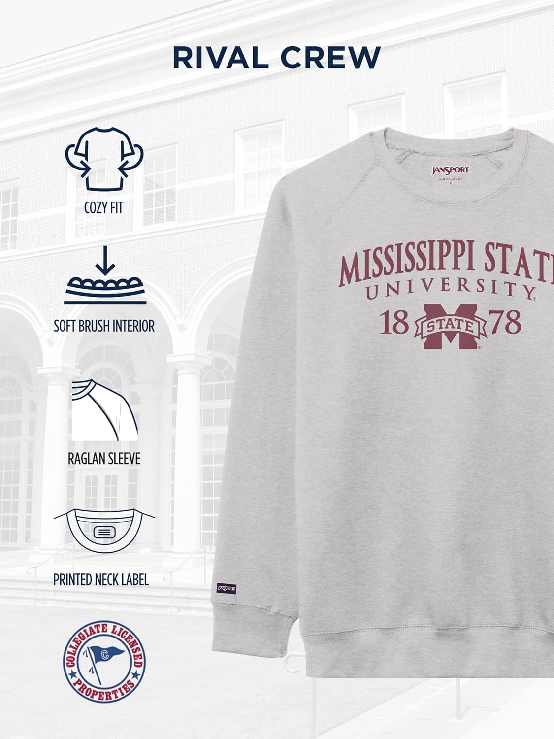 image:imageJanSport NCAA Officially Licensed Rival Crew Sweatshirt Long Sleeve Graphic Pullover for Men Women CottonPolyester BlendMississippi State Bulldogs
