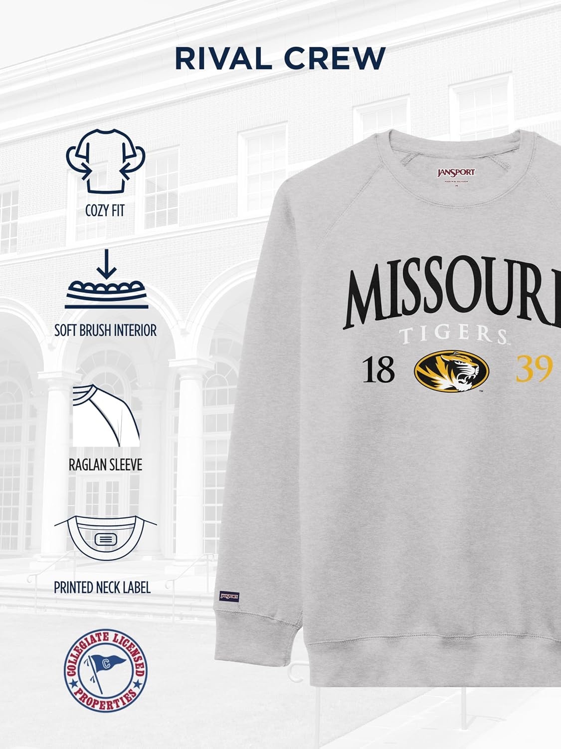 image:imageJanSport NCAA Officially Licensed Rival Crew Sweatshirt Long Sleeve Graphic Pullover for Men Women CottonPolyester BlendMissouri Tigers