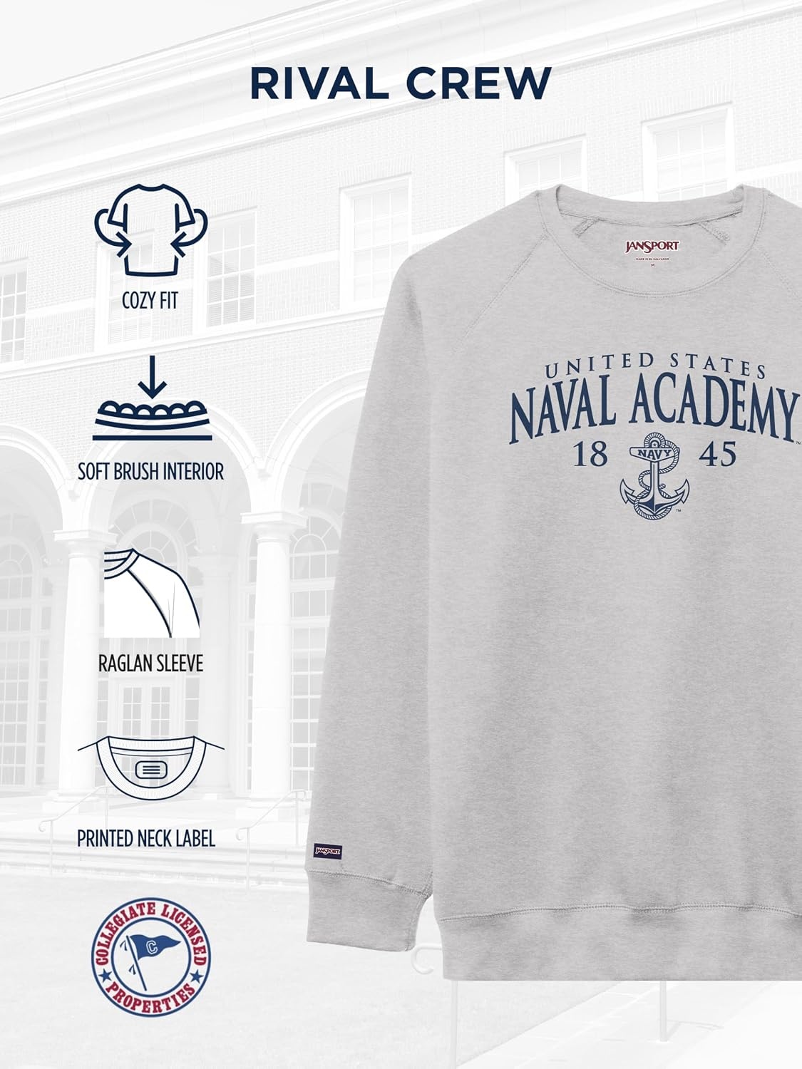 image:imageJanSport NCAA Officially Licensed Rival Crew Sweatshirt Long Sleeve Graphic Pullover for Men Women CottonPolyester BlendNavy Midshipmen