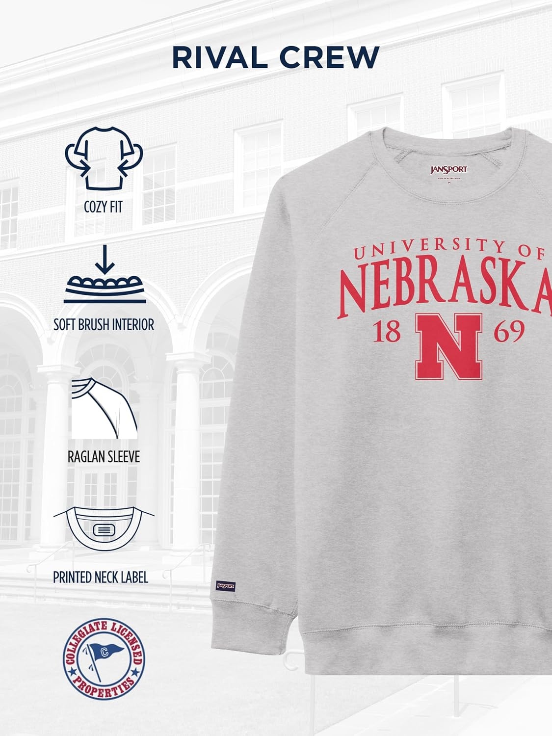 image:imageJanSport NCAA Officially Licensed Rival Crew Sweatshirt Long Sleeve Graphic Pullover for Men Women CottonPolyester BlendNebraska Cornhuskers