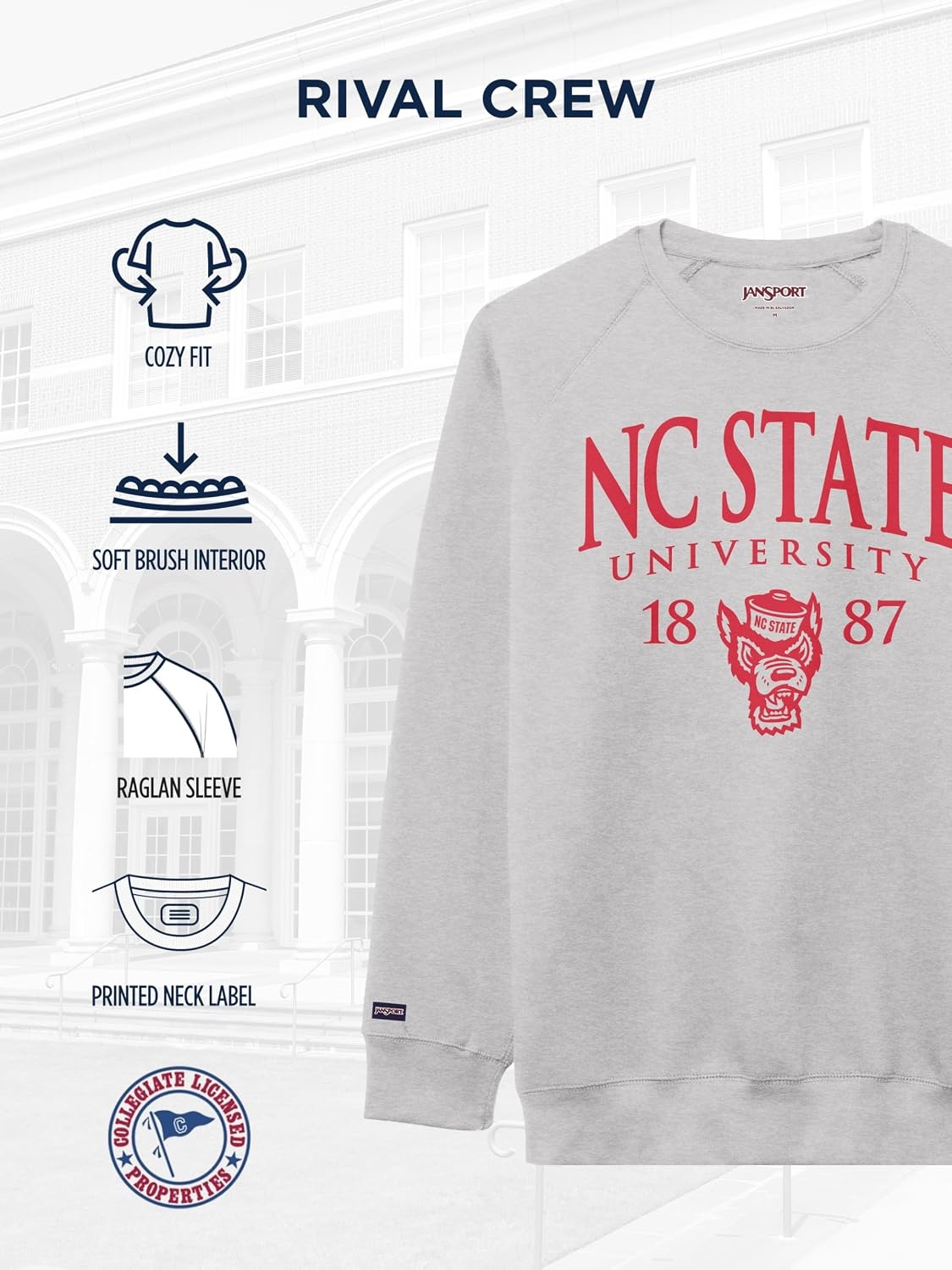 image:imageJanSport NCAA Officially Licensed Rival Crew Sweatshirt Long Sleeve Graphic Pullover for Men Women CottonPolyester BlendNorth Carolina State Wolfpack