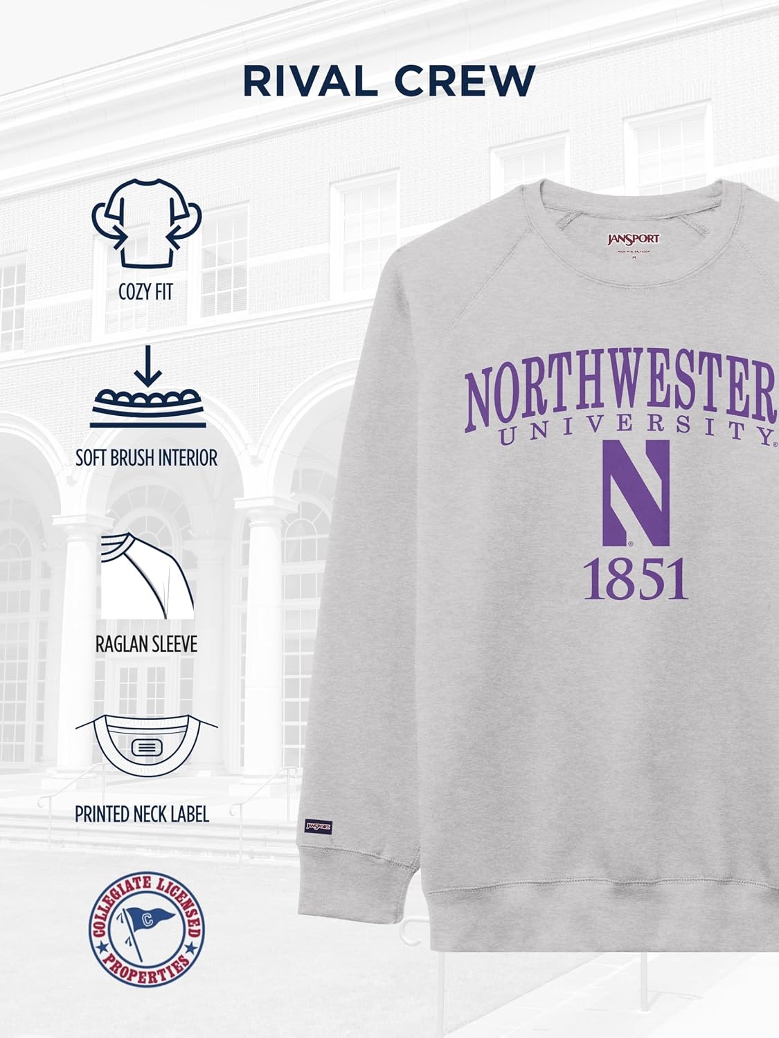 image:imageJanSport NCAA Officially Licensed Rival Crew Sweatshirt Long Sleeve Graphic Pullover for Men Women CottonPolyester BlendNorthwestern Wildcats