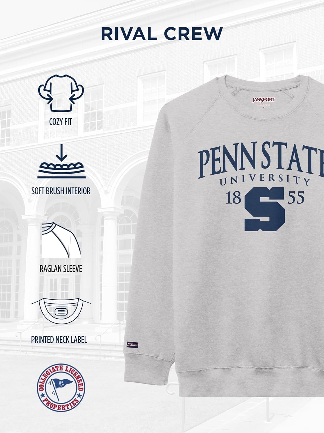 image:imageJanSport NCAA Officially Licensed Rival Crew Sweatshirt Long Sleeve Graphic Pullover for Men Women CottonPolyester BlendPenn State Nittany Lions