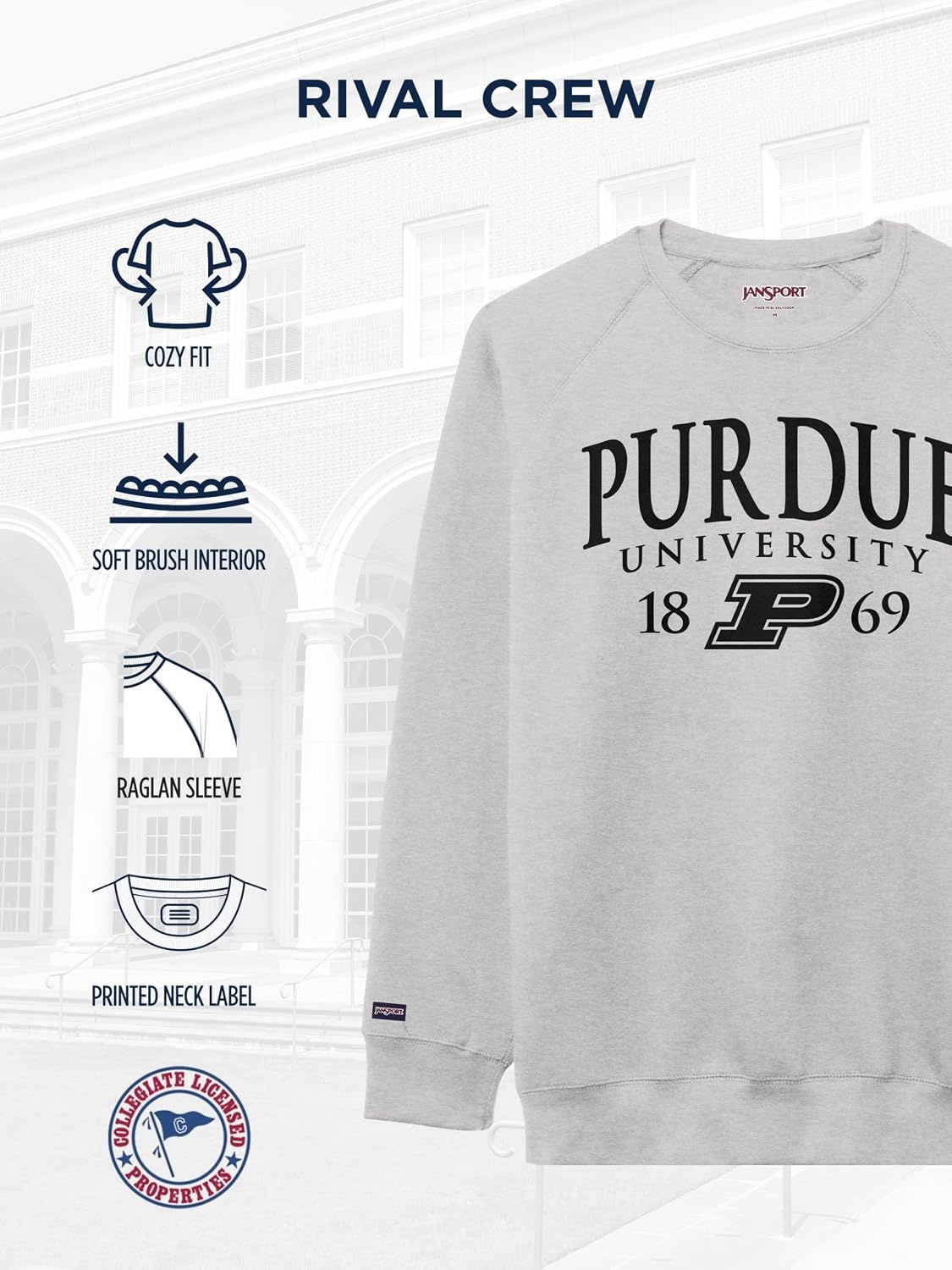 image:imageJanSport NCAA Officially Licensed Rival Crew Sweatshirt Long Sleeve Graphic Pullover for Men Women CottonPolyester BlendPurdue Boilermakers