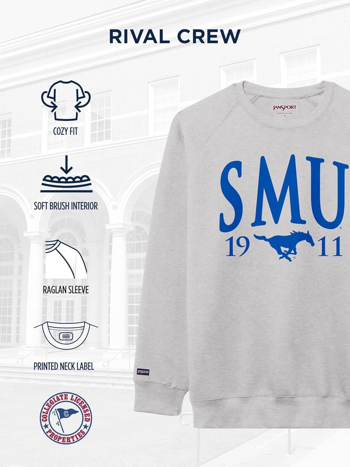 image:imageJanSport NCAA Officially Licensed Rival Crew Sweatshirt Long Sleeve Graphic Pullover for Men Women CottonPolyester BlendSMU Mustangs