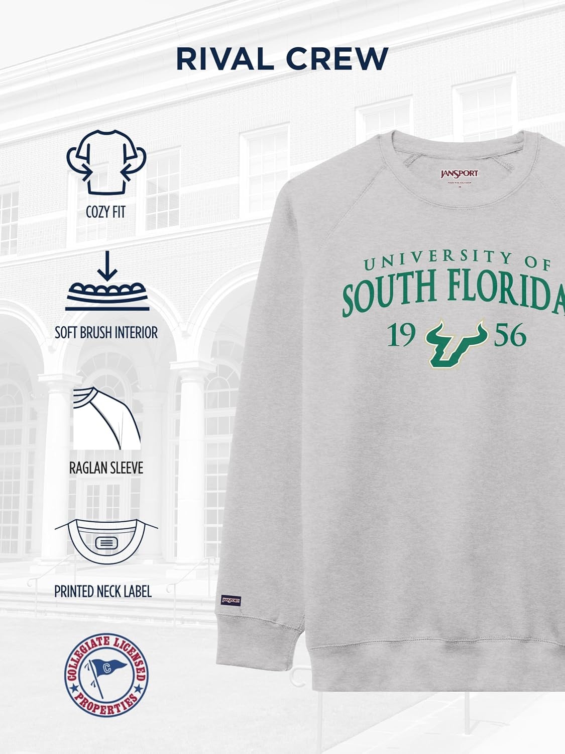 image:imageJanSport NCAA Officially Licensed Rival Crew Sweatshirt Long Sleeve Graphic Pullover for Men Women CottonPolyester BlendSouth Florida Bulls