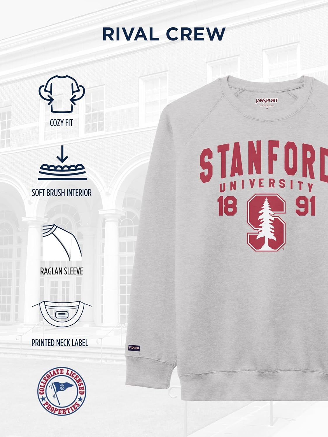 image:imageJanSport NCAA Officially Licensed Rival Crew Sweatshirt Long Sleeve Graphic Pullover for Men Women CottonPolyester BlendStanford Cardinal