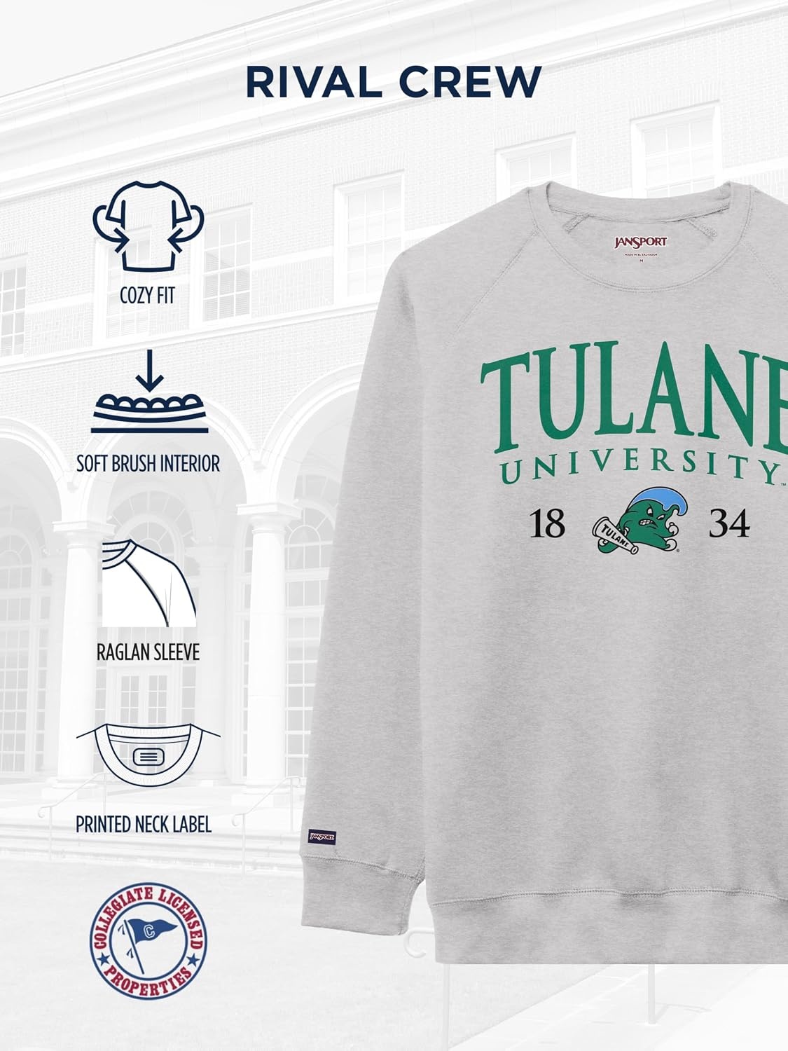 image:imageJanSport NCAA Officially Licensed Rival Crew Sweatshirt Long Sleeve Graphic Pullover for Men Women CottonPolyester BlendTulane Green Wave