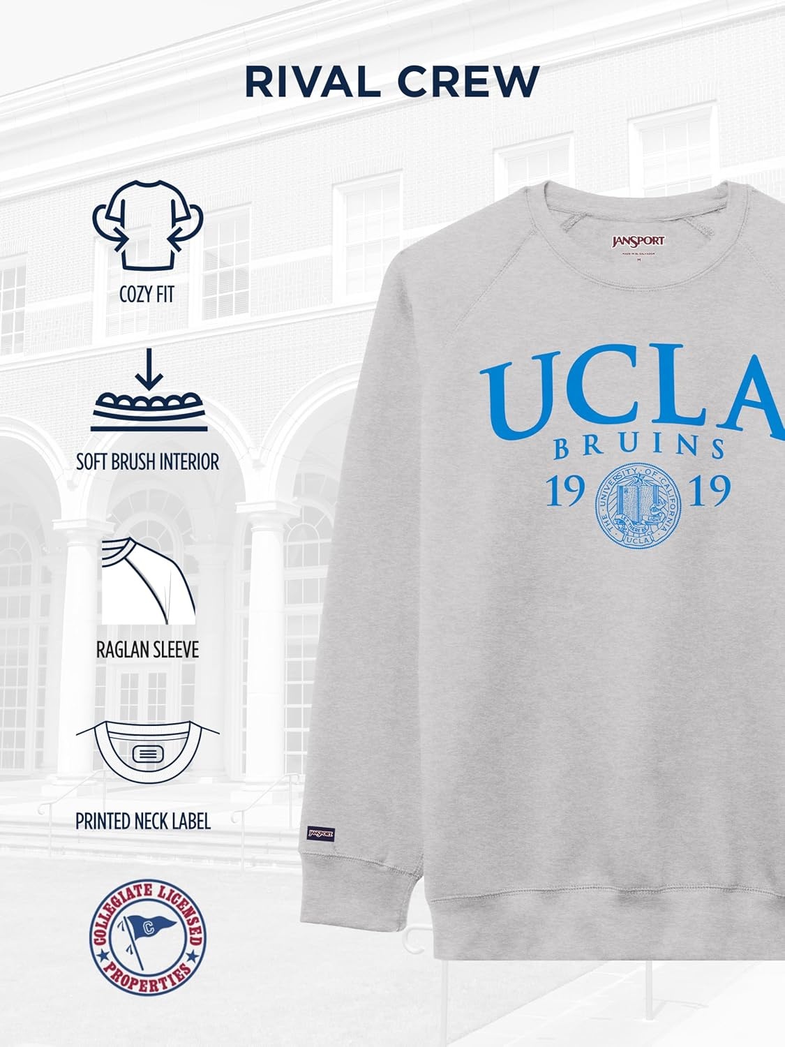 image:imageJanSport NCAA Officially Licensed Rival Crew Sweatshirt Long Sleeve Graphic Pullover for Men Women CottonPolyester BlendUCLA Bruins