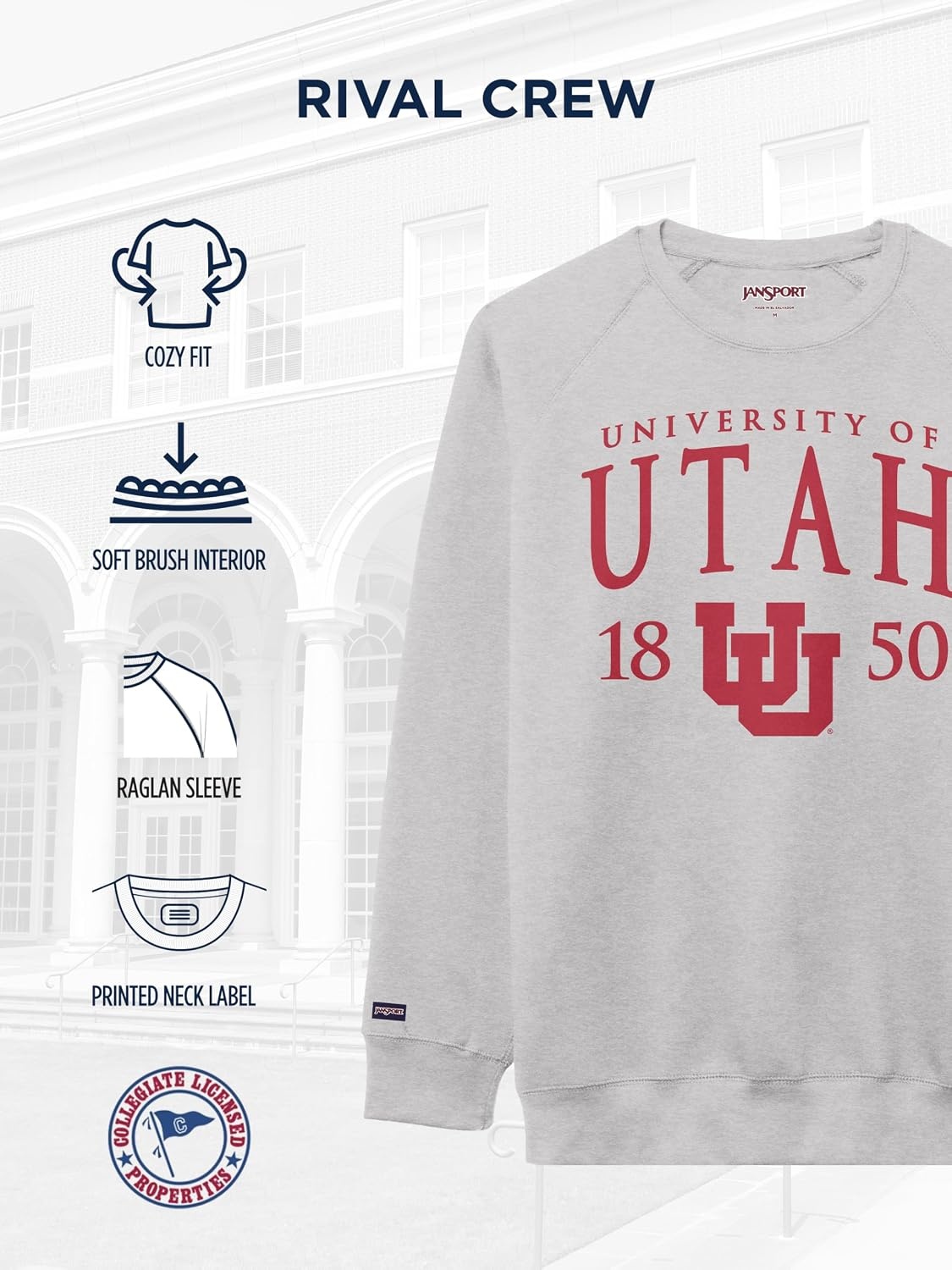 image:imageJanSport NCAA Officially Licensed Rival Crew Sweatshirt Long Sleeve Graphic Pullover for Men Women CottonPolyester BlendUtah Utes
