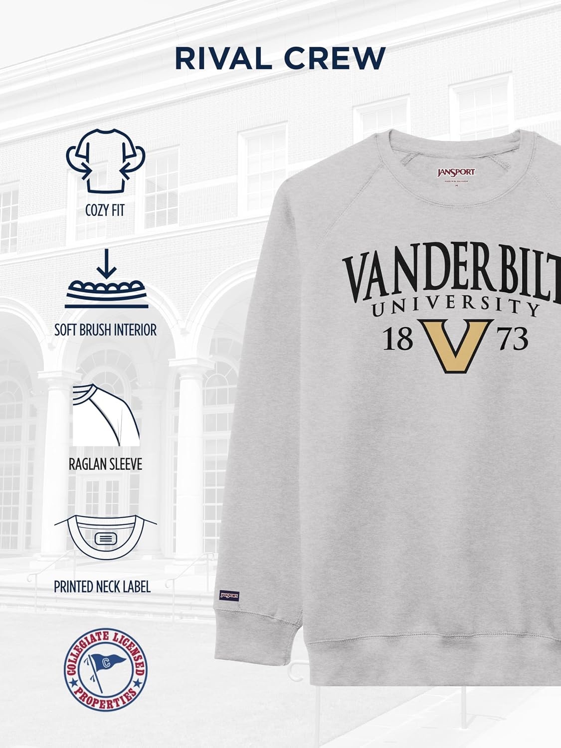 image:imageJanSport NCAA Officially Licensed Rival Crew Sweatshirt Long Sleeve Graphic Pullover for Men Women CottonPolyester BlendVanderbilt Commodores