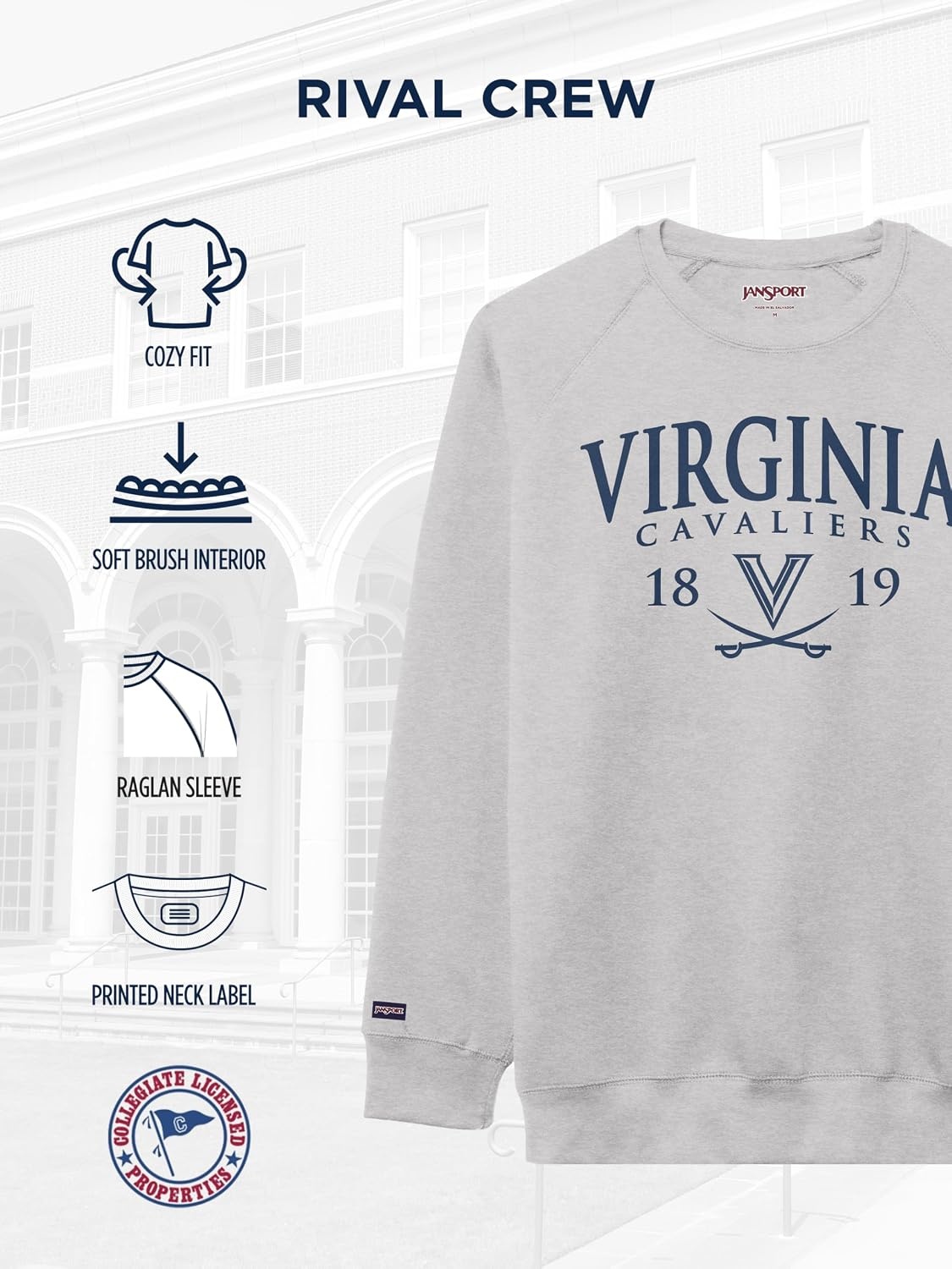 image:imageJanSport NCAA Officially Licensed Rival Crew Sweatshirt Long Sleeve Graphic Pullover for Men Women CottonPolyester BlendVirginia Cavaliers