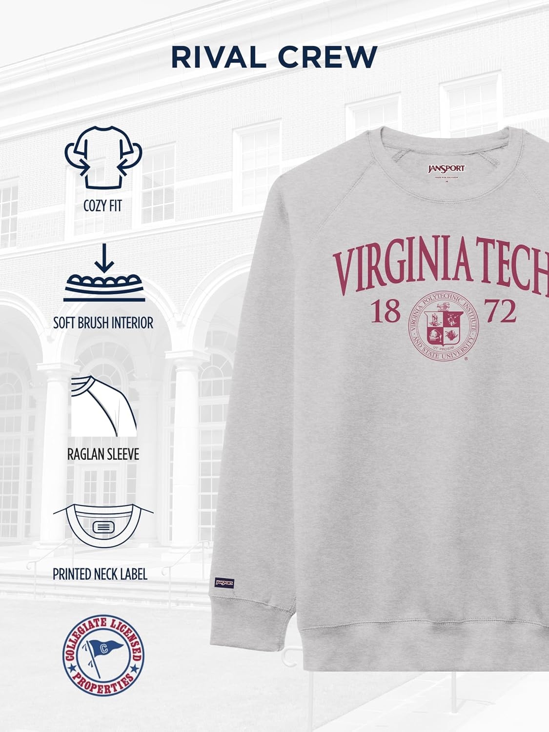 image:imageJanSport NCAA Officially Licensed Rival Crew Sweatshirt Long Sleeve Graphic Pullover for Men Women CottonPolyester BlendVirginia Tech Hokies