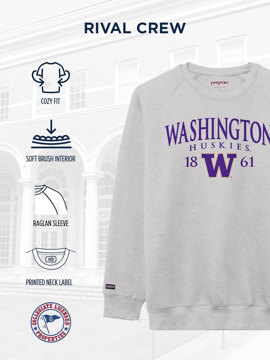image:imageJanSport NCAA Officially Licensed Rival Crew Sweatshirt Long Sleeve Graphic Pullover for Men Women CottonPolyester BlendWashington Huskies