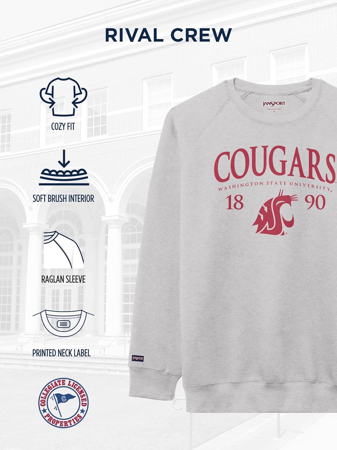 image:imageJanSport NCAA Officially Licensed Rival Crew Sweatshirt Long Sleeve Graphic Pullover for Men Women CottonPolyester BlendWashington State Cougars