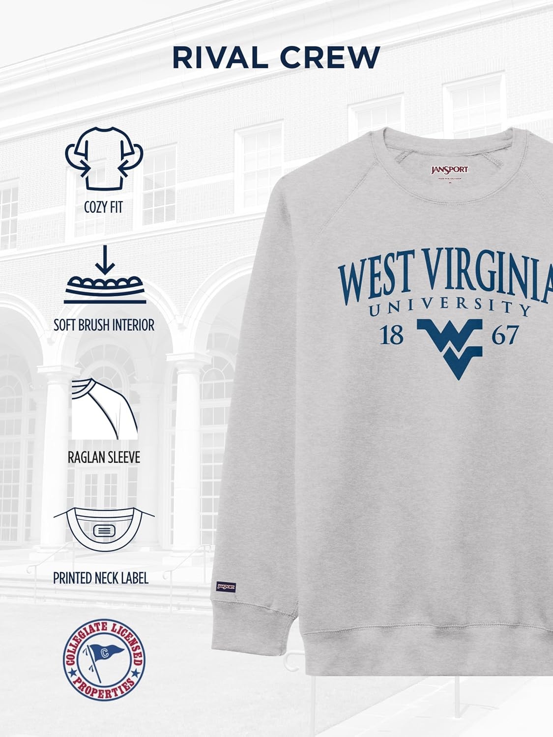 image:imageJanSport NCAA Officially Licensed Rival Crew Sweatshirt Long Sleeve Graphic Pullover for Men Women CottonPolyester BlendWest Virginia Mountaineers