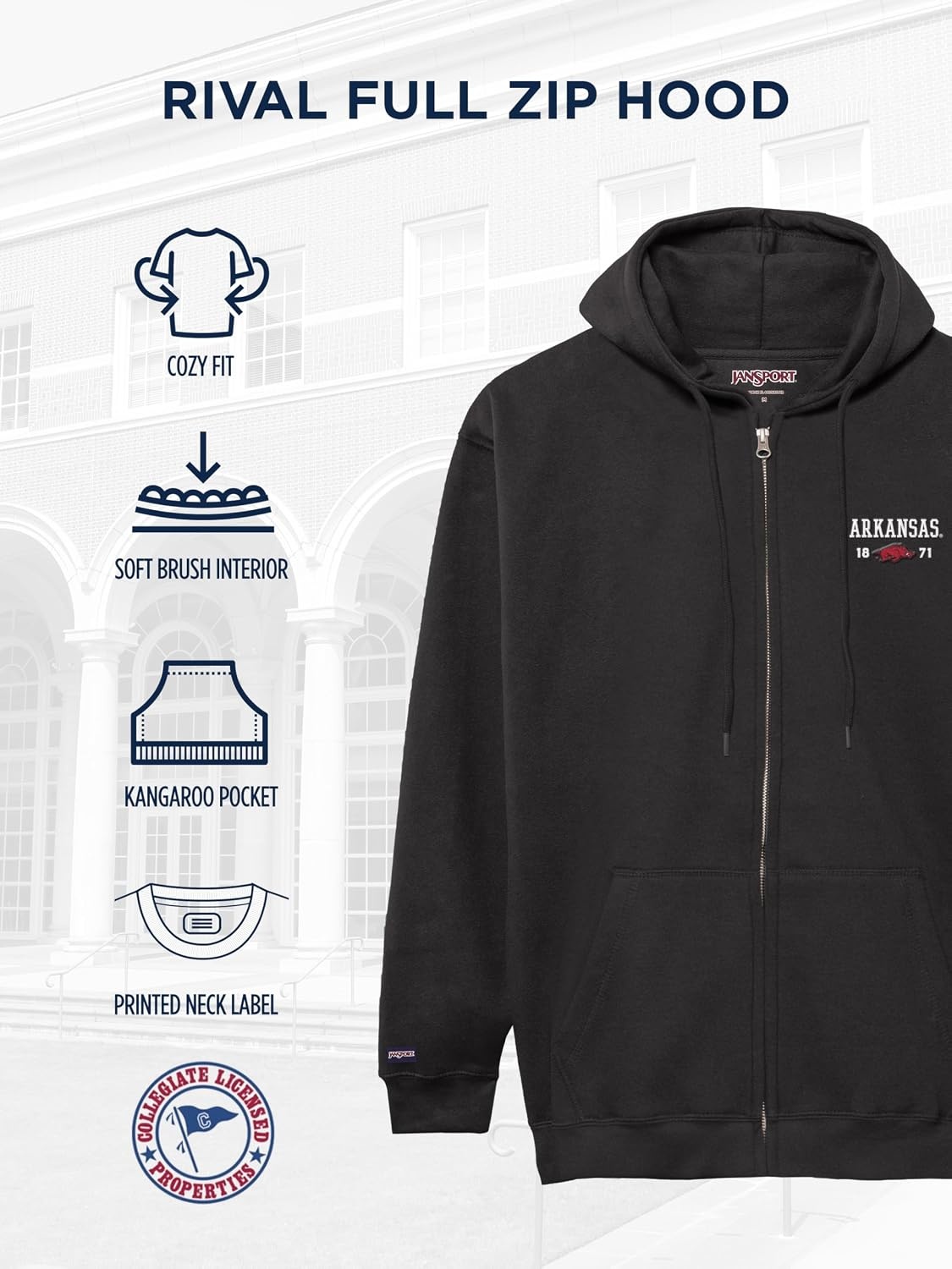 image:imageJanSport NCAA Officially Licensed Rival Full Zip Hoodie Long Sleeve Unisex Sweatshirt DoubleLayered Fleece HoodArkansas Razorbacks